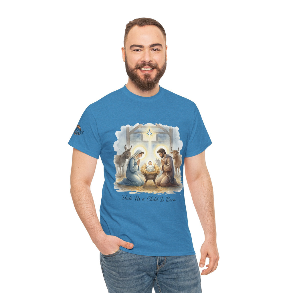 Unto Us a Child is Born T-shirt – Isaiah 9:6 Nativity Manger Scene Christian Christmas T-shirt for Holy Night Faith Printify