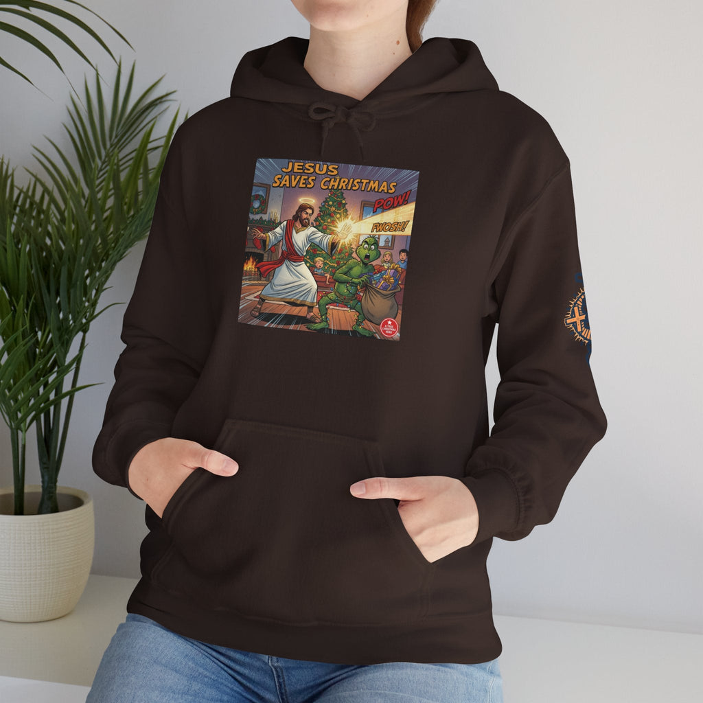 Jesus Saves Christmas Hoodie – Grinch vs Savior Light Battle Christian Sweatshirt for Hilarious Holiday Faith & True Joy Printify
