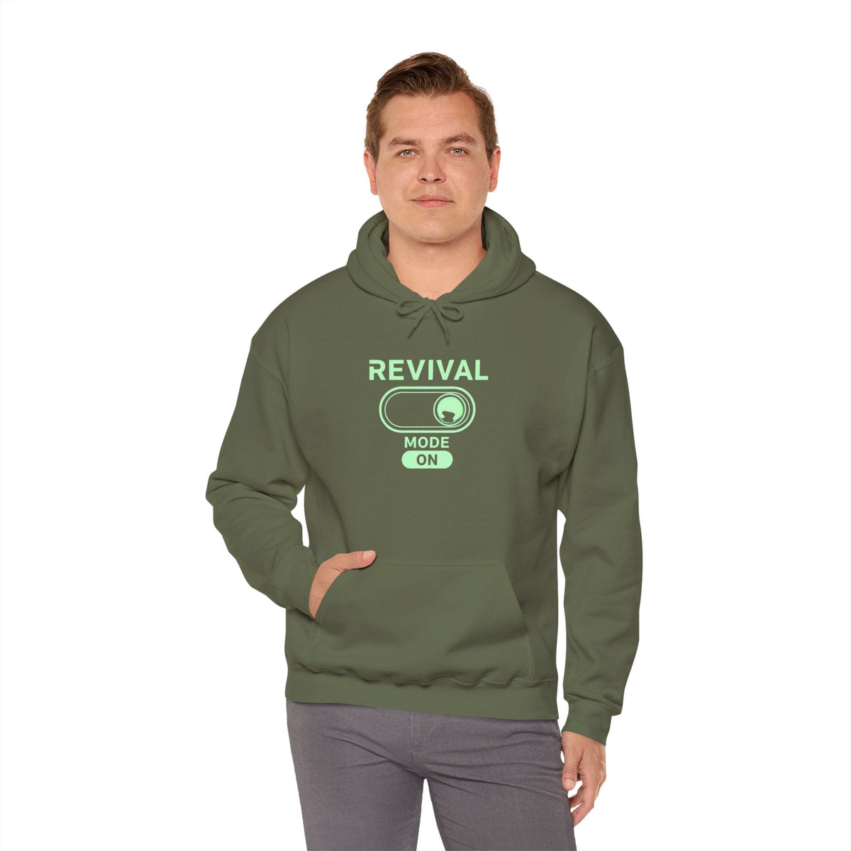 🔥 Revival Mode: ON – Christian Techwear Hoodie | Glowing Green Faith Switch | Futuristic Jesus Shirt | Activate Your Spiritual Awakening | Uplifted Gear Printify