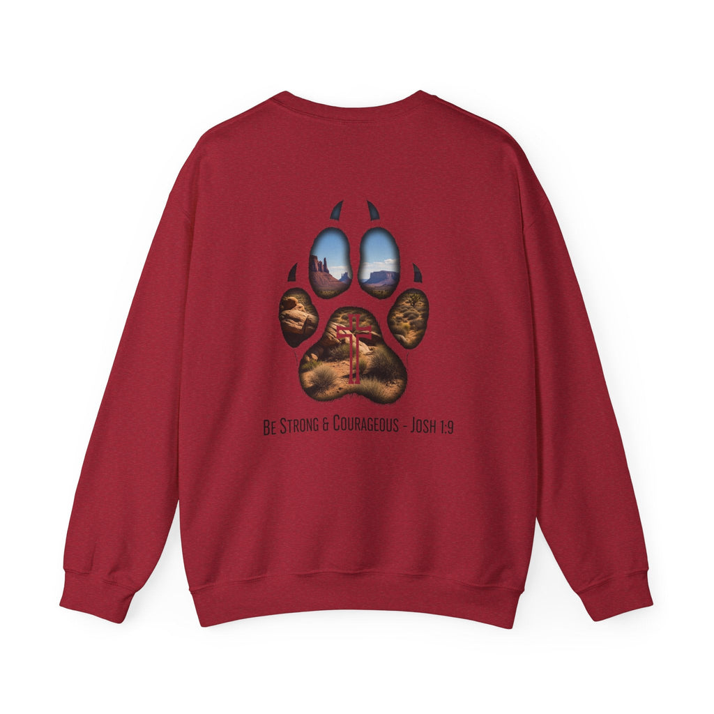 Strong and Courageous Sweatshirt – Joshua 1:9 Canine Pawprint Desert Christian Sweatshirt for Dog Lovers Printify