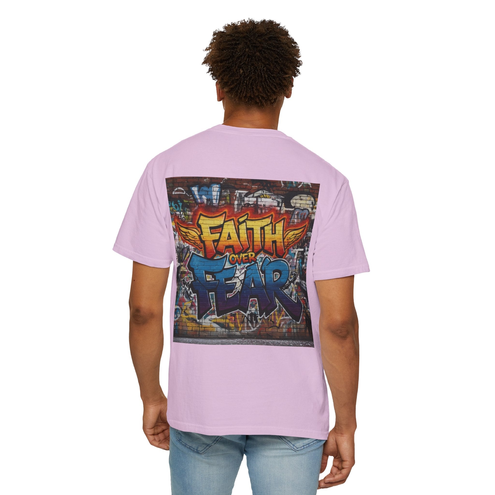 Faith Over Fear T-shirt – Graffiti Wall Christian T-shirt for Bold 2 Corinthians 5:7 Streetwear & Unshakable Faith Printify