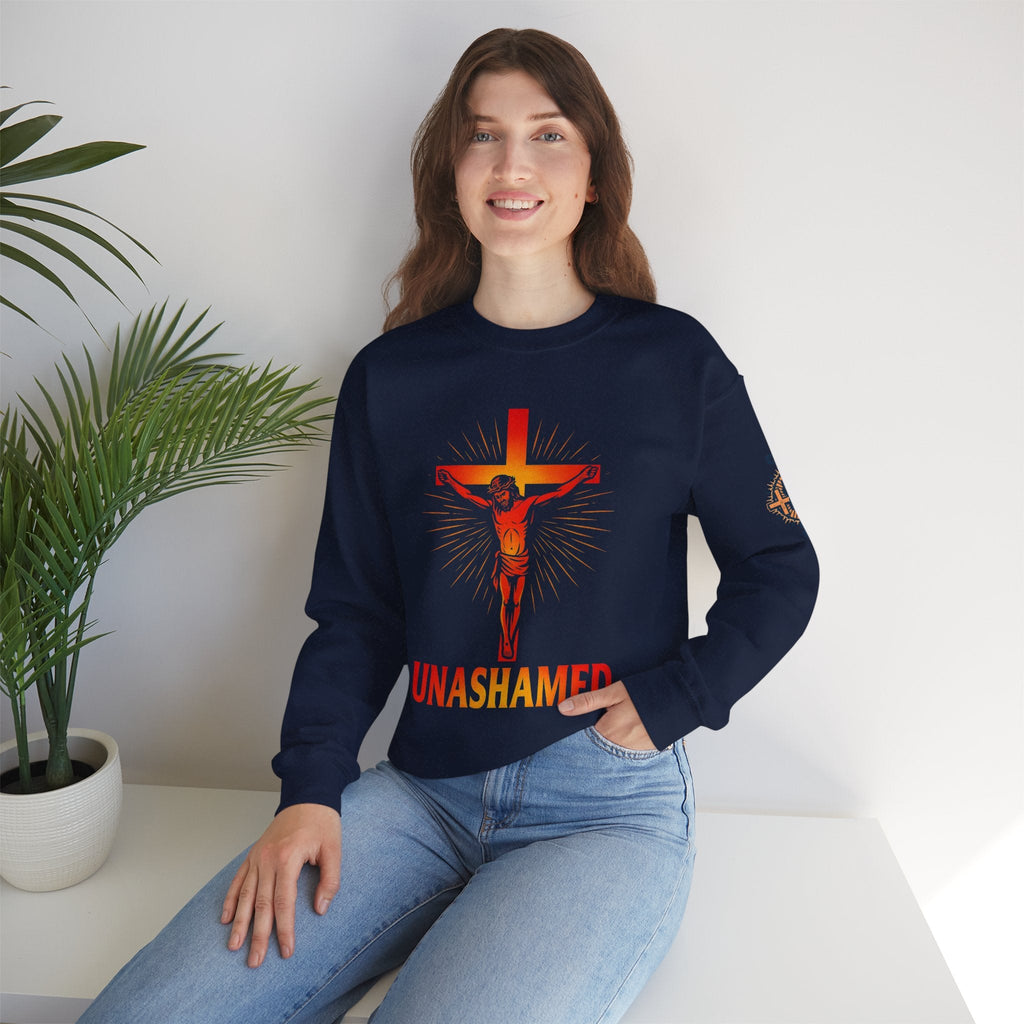 Unashamed Sweatshirt – Romans 1:16 Crucifixion Christian Sweatshirt for Bold Unwavering Faith Printify