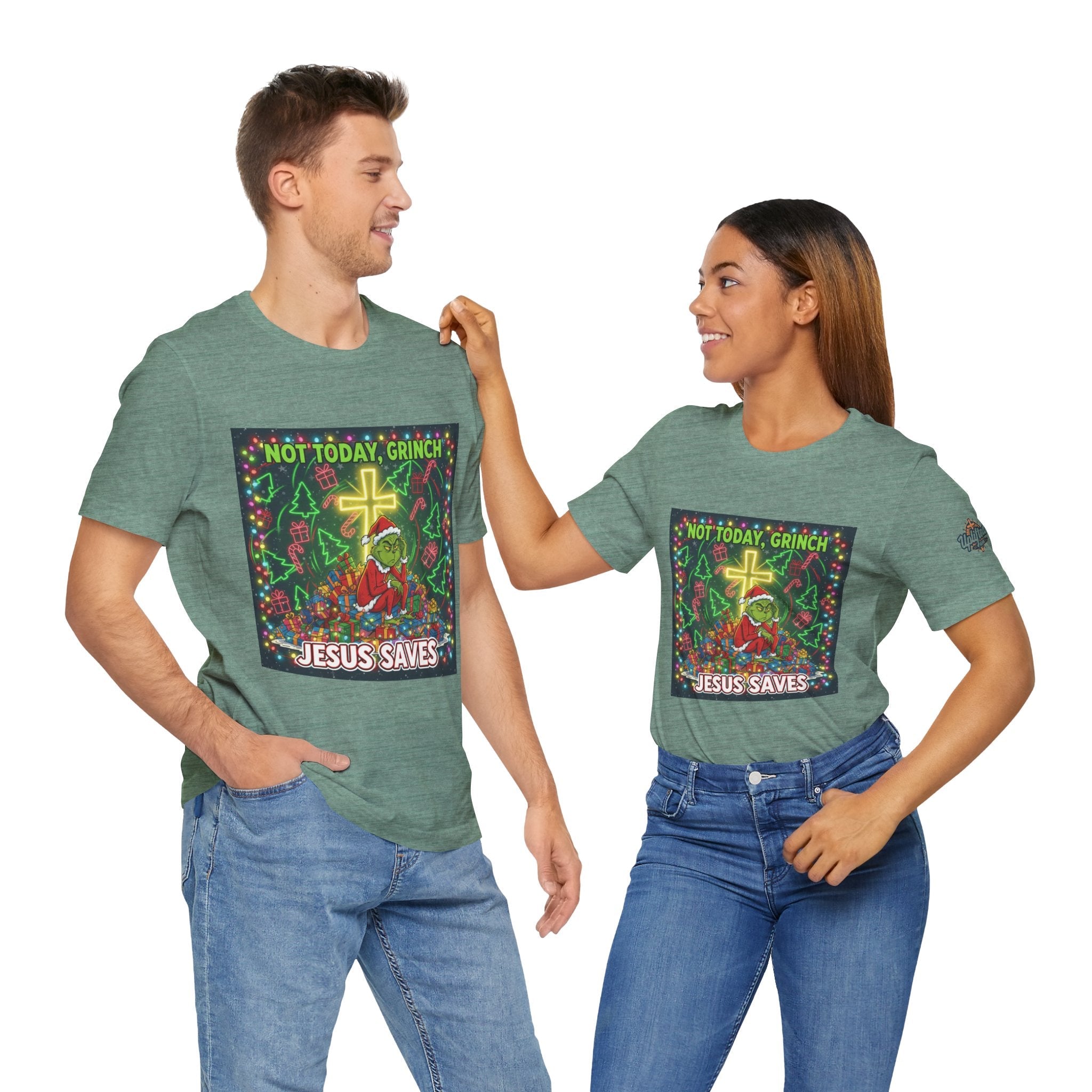 🎄 Not Today, Grinch – Jesus Saves | Funny Christian Christmas T-Shirt | Festive Green & Red Cartoon Style | Bold Faith Holiday Tee by Uplifted Gear Printify