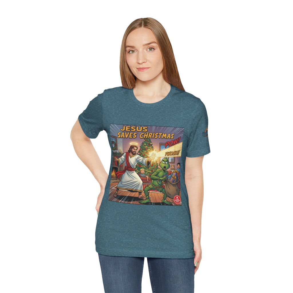 Jesus Saves Christmas T-shirt – Grinch vs Savior Light Battle Christian T-shirt for Hilarious Holiday Faith & True Joy Printify