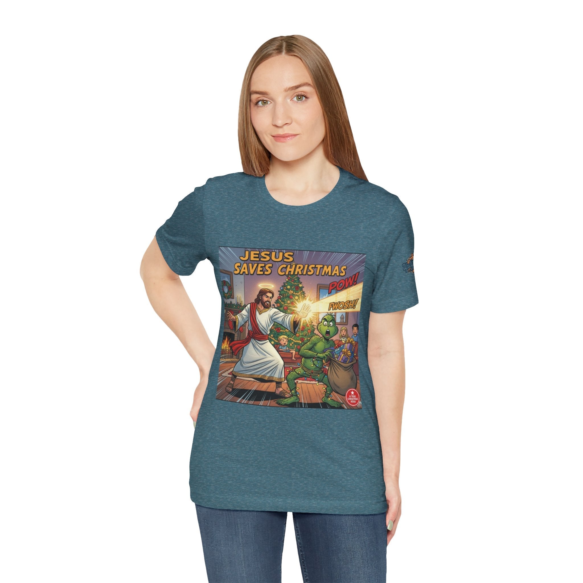 Jesus Saves Christmas T-shirt – Grinch vs Savior Light Battle Christian T-shirt for Hilarious Holiday Faith & True Joy Printify