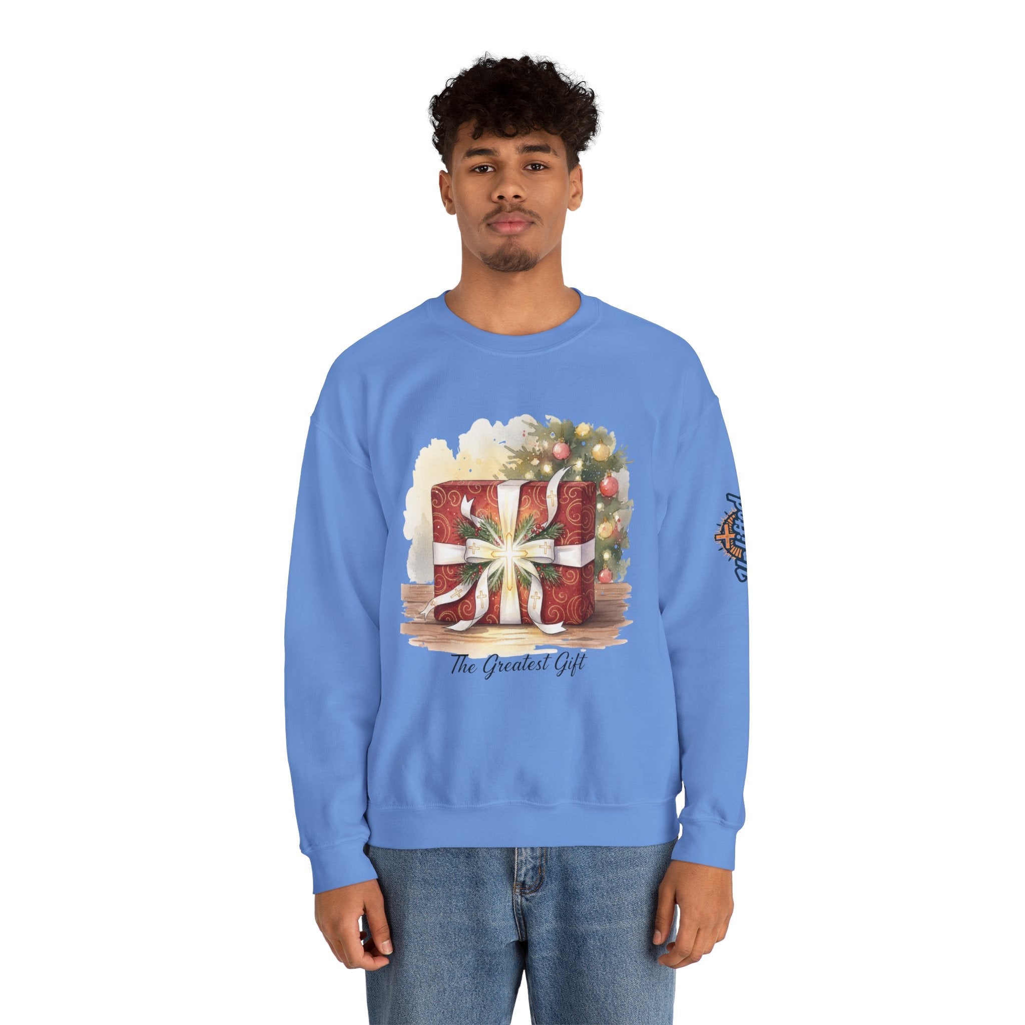 The Greatest Gift Sweatshirt – Cross Bow Present Christian Sweatshirt for Christmas Salvation & Eternal Faith Printify