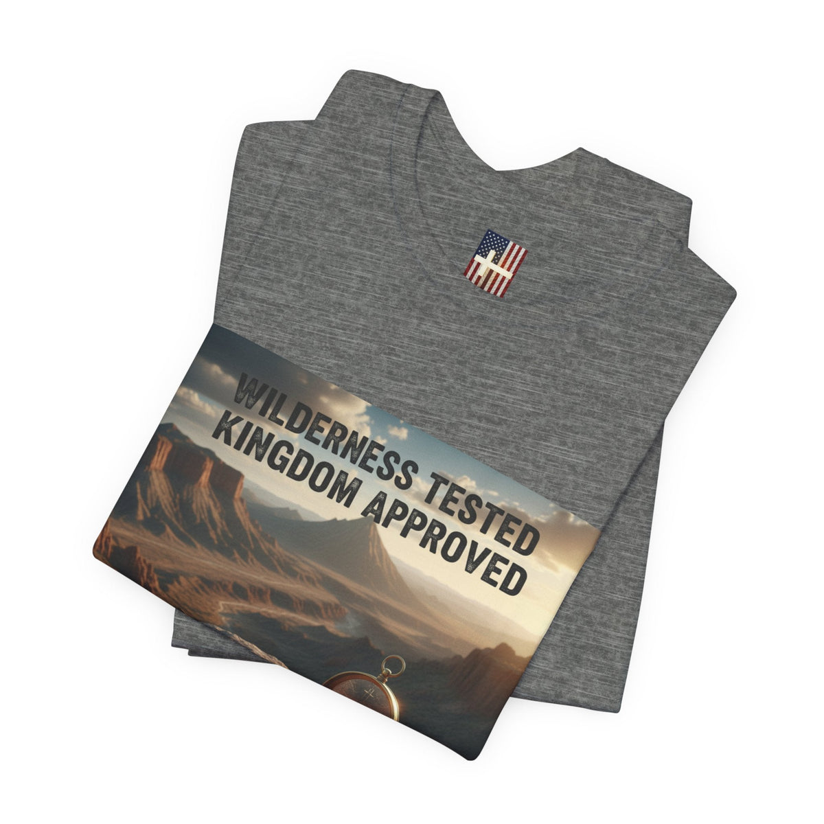 Wilderness Tested Kingdom Approved T-shirt – Mountain Desert Compass Crown Christian T-shirt for Biblical Adventure Faith Printify