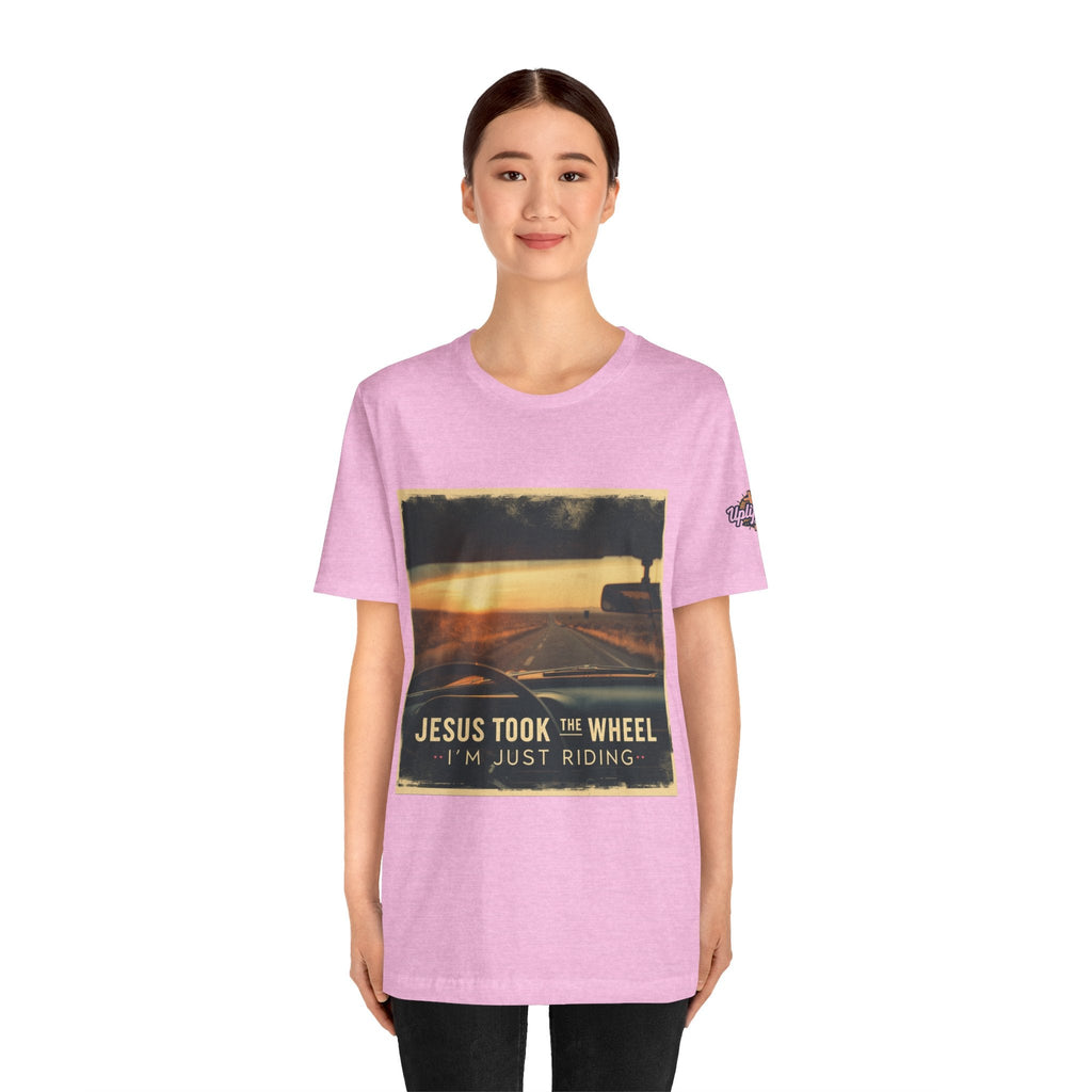 Jesus Took the Wheel I'm Just Riding T-shirt – Funny Christian Convertible Car T-shirt for Surrendered Faith & Humor Printify