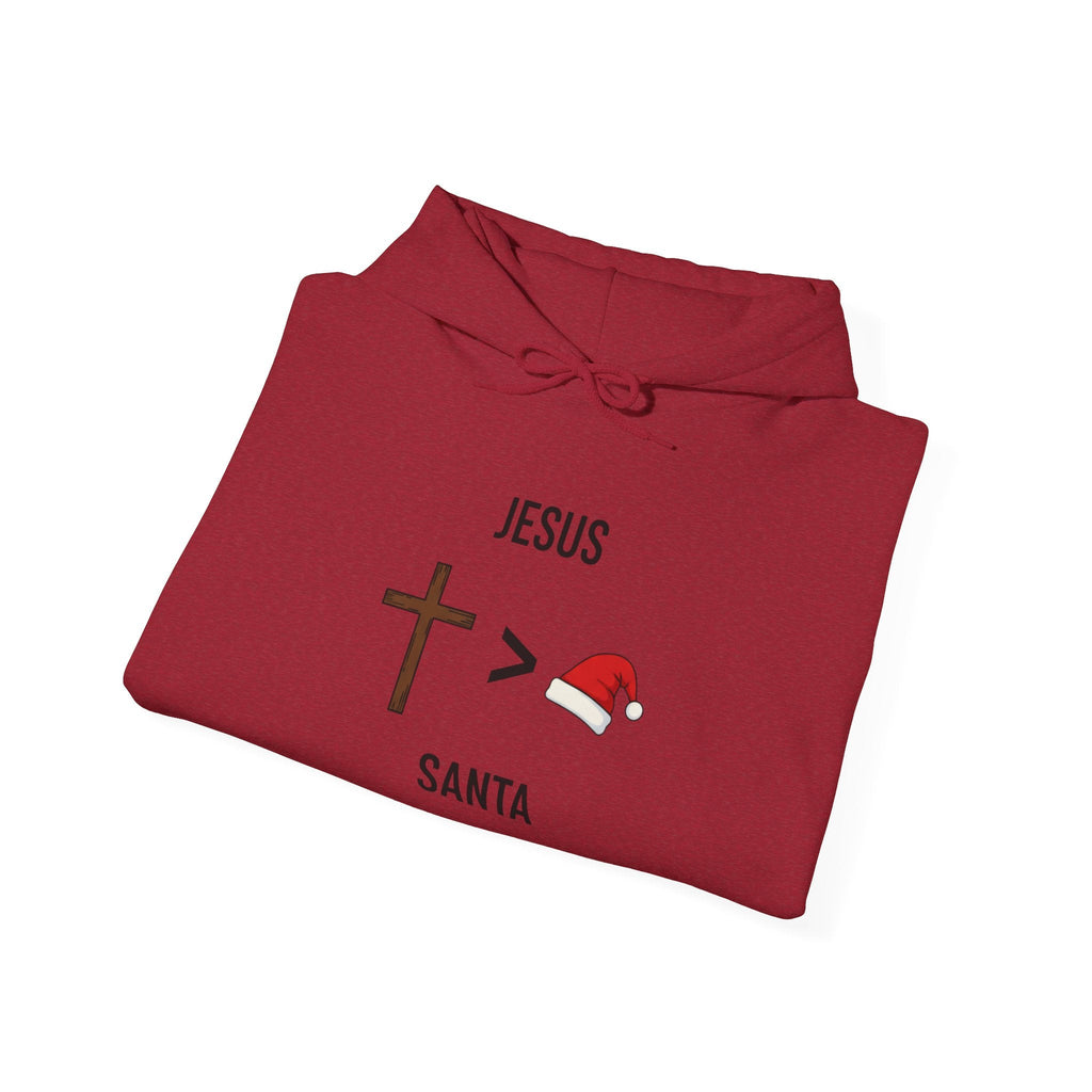 🎄 Jesus > Santa – Minimalist Christian Christmas Hoodie | Bold Faith Over Holiday Tee | Cross vs Santa Hat Design | Uplifted Gear Printify