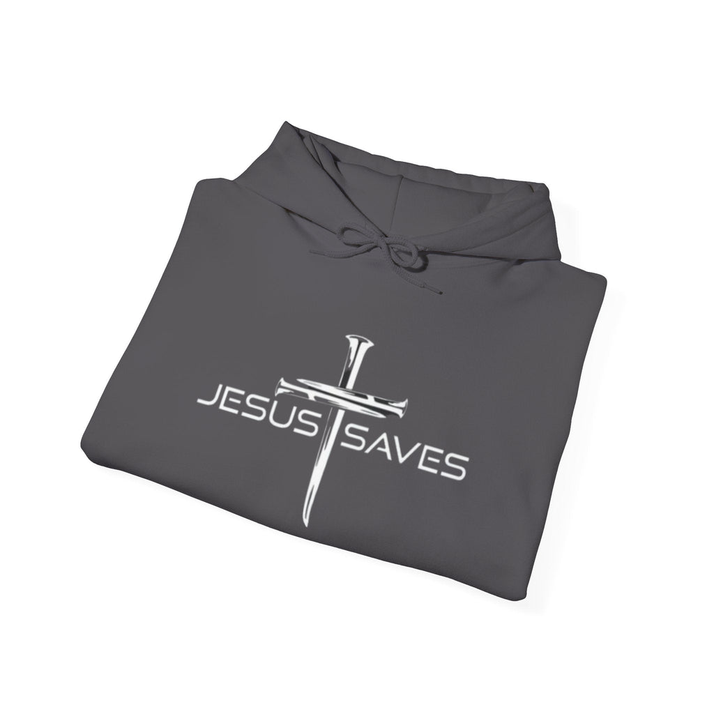 Jesus Saves Hoodie – 3 Nails Crucifix Cross Christian Sweatshirt for Redemption Faith & Bold Salvation Printify