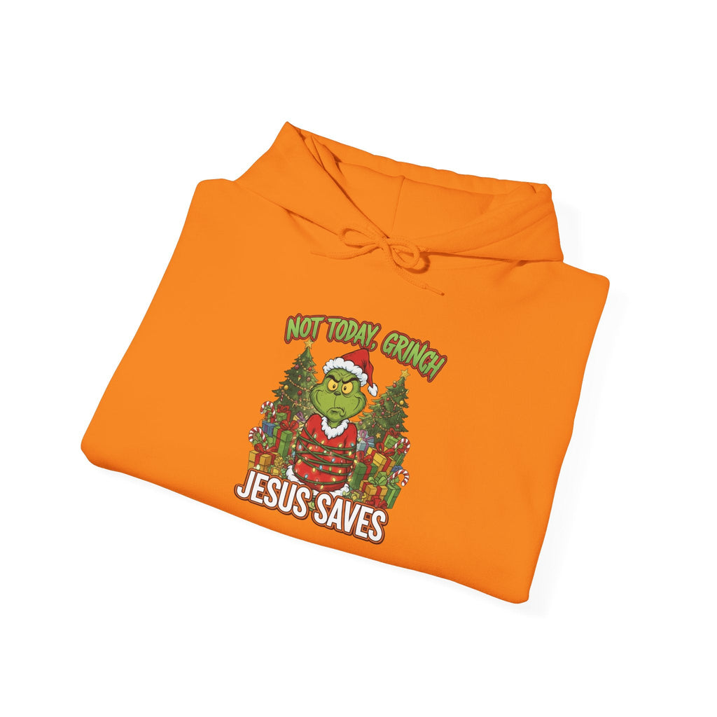 🎄 Not Today, Grinch – Jesus Saves | Funny Christian Christmas Hoodie | Sulking Grinch & Glowing Cross | Bold Neon Faith Tee by Uplifted Gear Printify