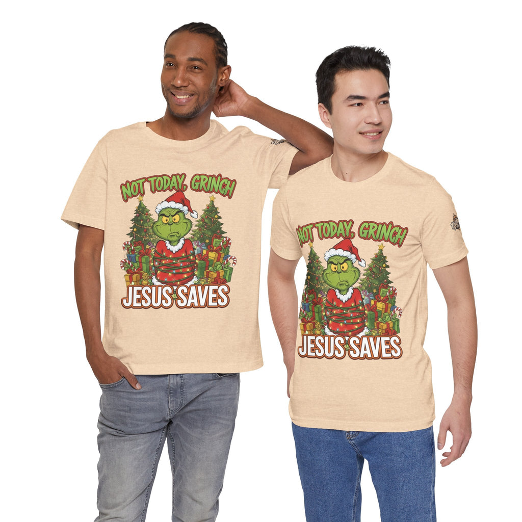 🎄 Not Today, Grinch – Jesus Saves | Funny Christian Christmas T-Shirt | Sulking Grinch & Glowing Cross | Bold Neon Faith Tee by Uplifted Gear Printify
