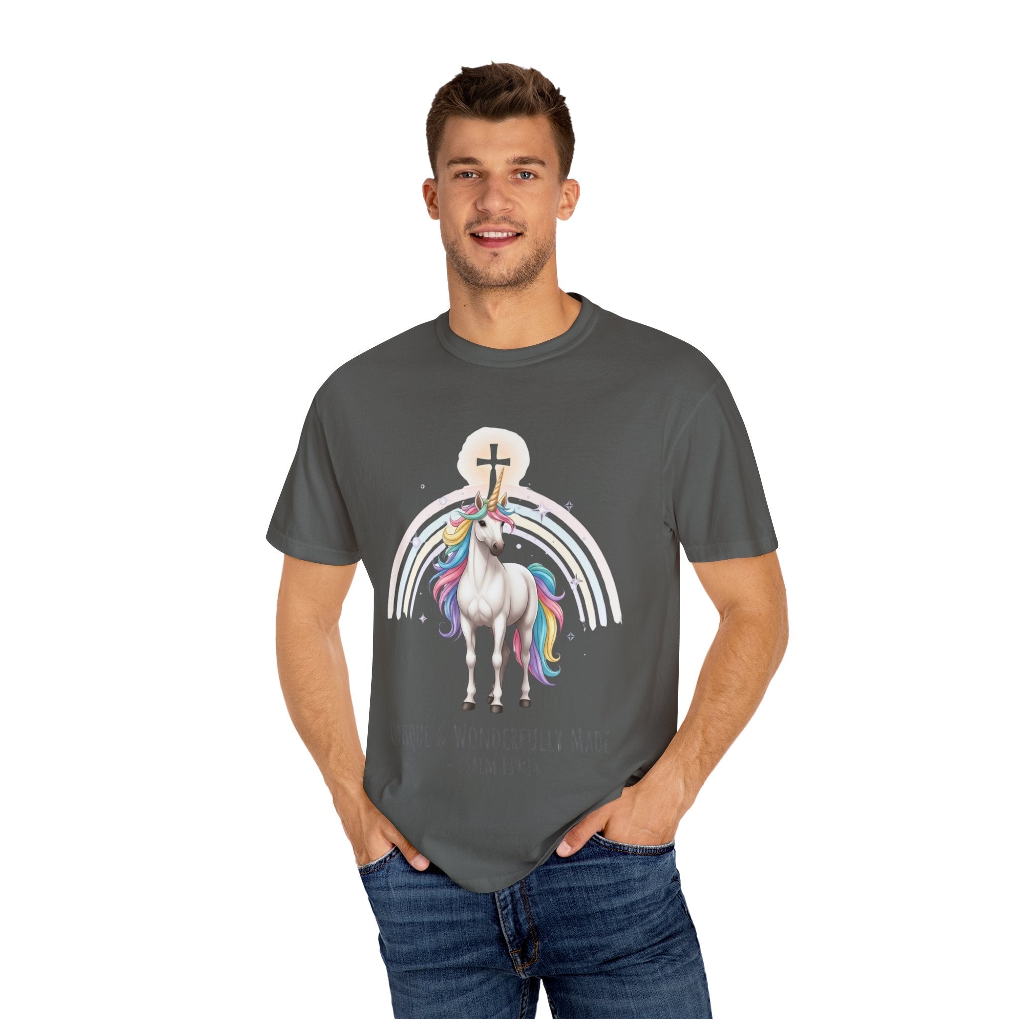 Unique Unicorn Christian T-Shirt – Wonderfully Made with Rainbow Cross & Psalm 139:14 Printify