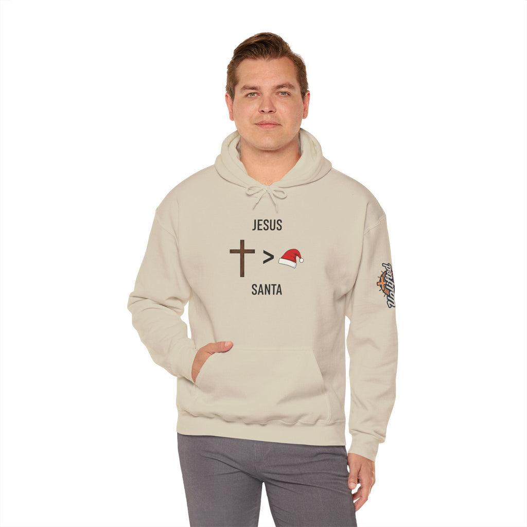 🎄 Jesus > Santa – Minimalist Christian Christmas Hoodie | Bold Faith Over Holiday Tee | Cross vs Santa Hat Design | Uplifted Gear Printify