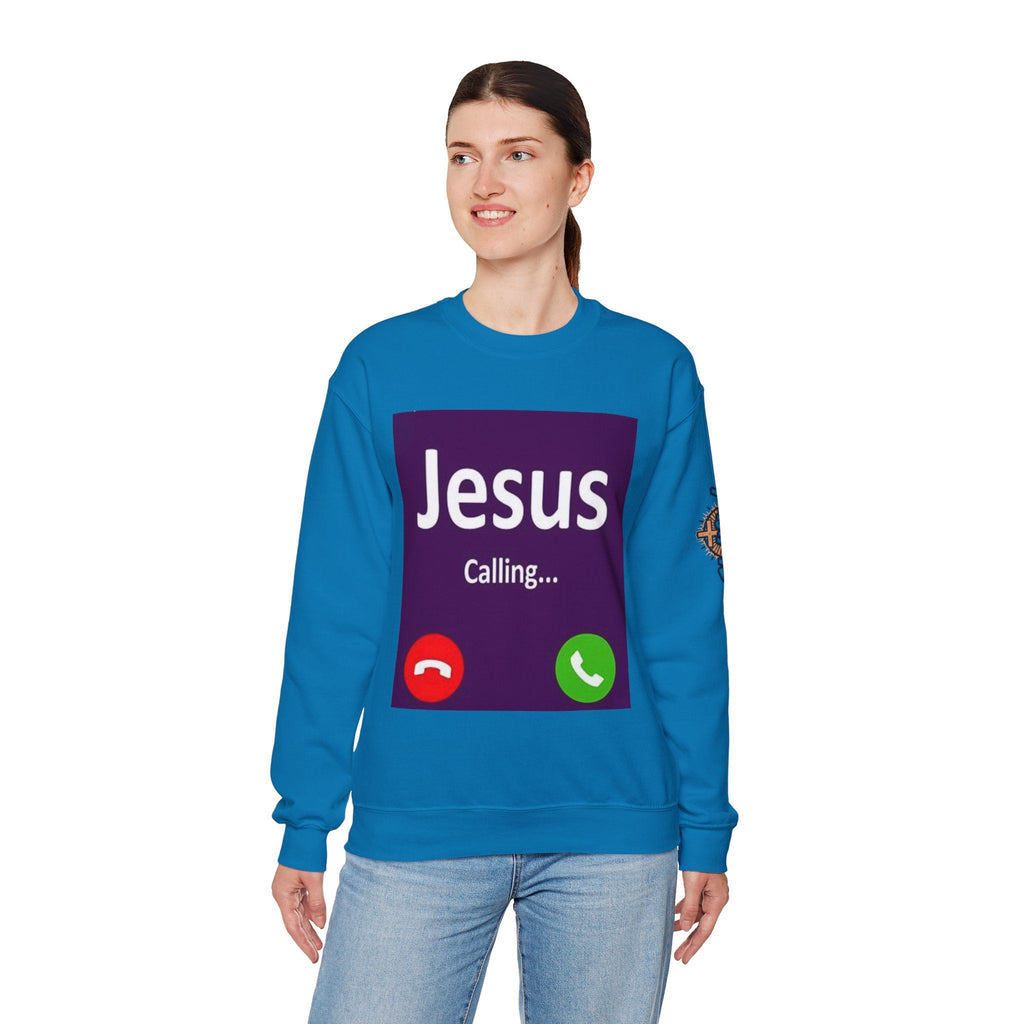 Jesus Calling Sweatshirt – Funny Cell Phone Screen Christian Sweatshirt for Divine Connection & Faith Humor Printify