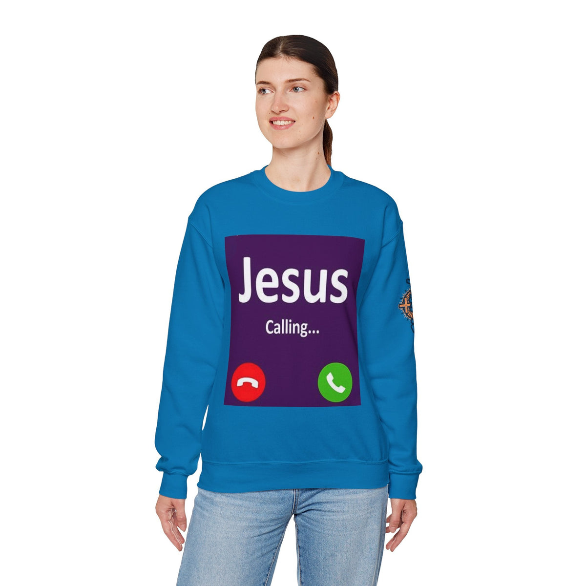 Jesus Calling Sweatshirt – Funny Cell Phone Screen Christian Sweatshirt for Divine Connection & Faith Humor Printify