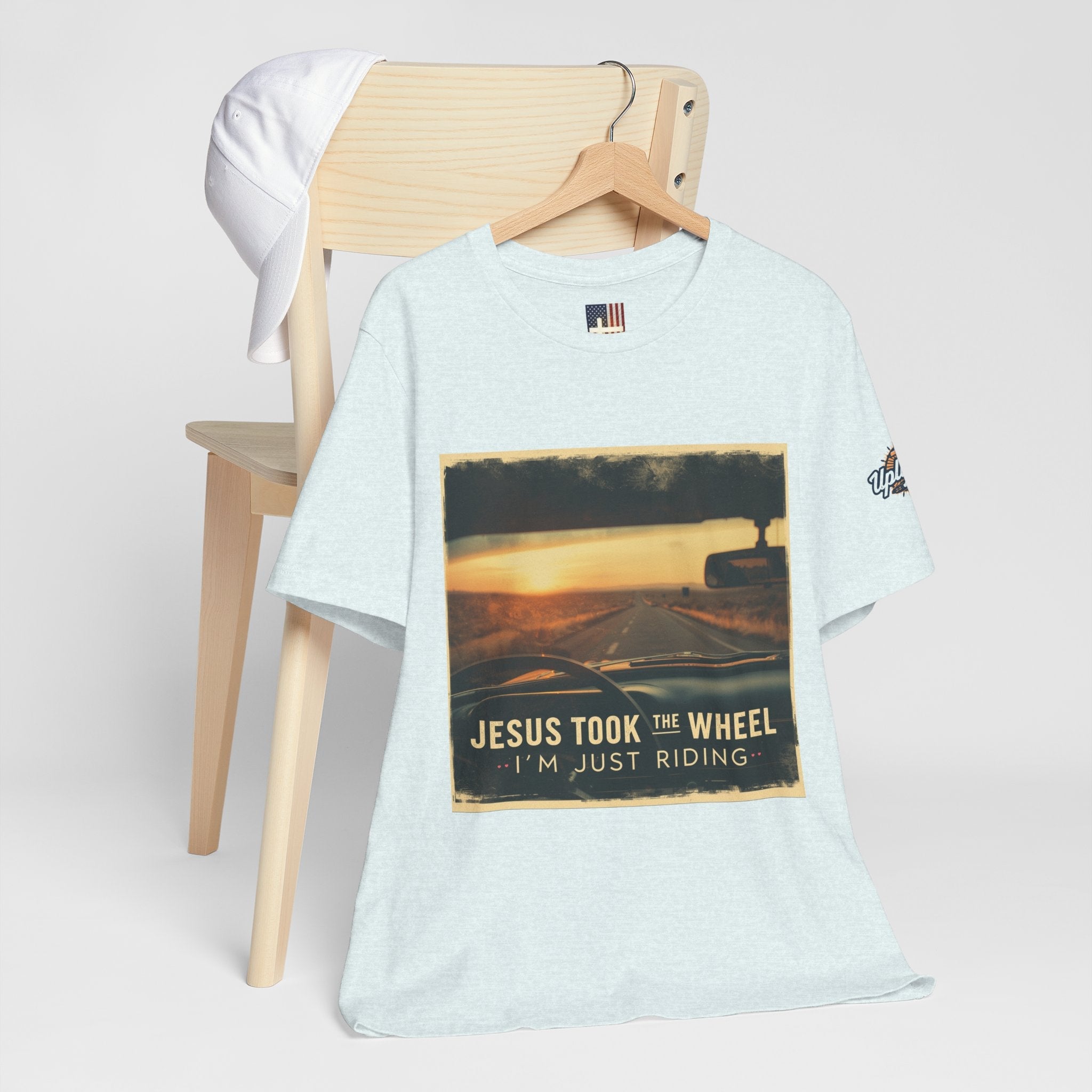 Jesus Took the Wheel I'm Just Riding T-shirt – Funny Christian Convertible Car T-shirt for Surrendered Faith & Humor Printify