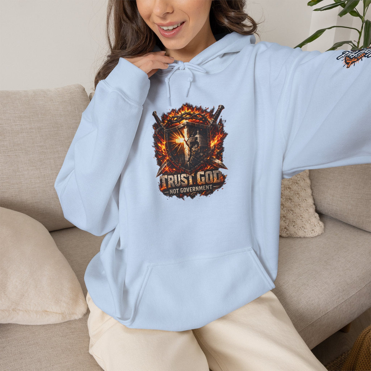 Trust God Not Government Shield Hoodie — Patriotic Christian Faith Hoodie Printify