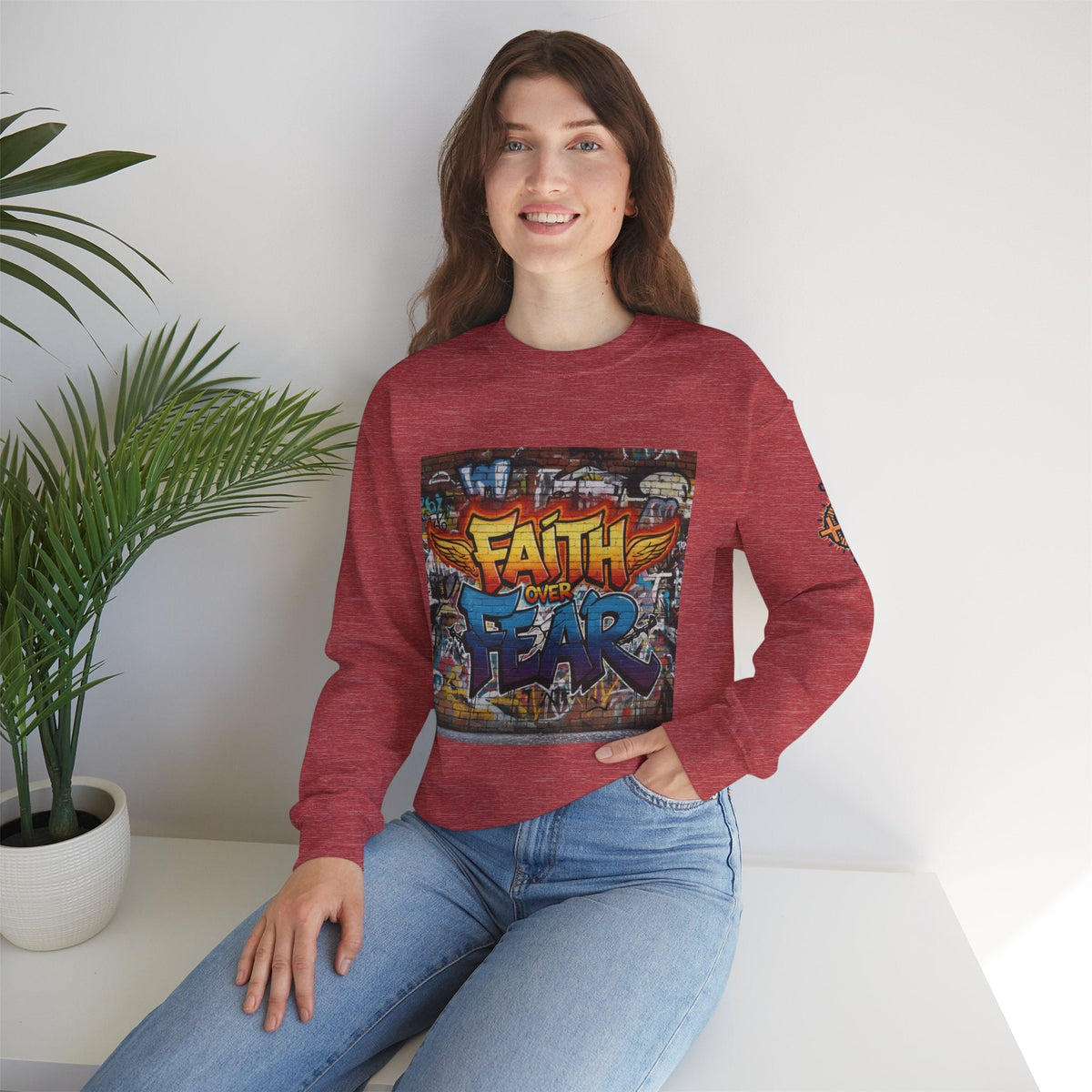 Faith Over Fear Sweatshirt – Graffiti Wall Christian Sweatshirt for Bold 2 Corinthians 5:7 Streetwear & Unshakable Faith Printify
