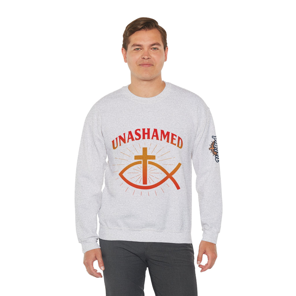 Unashamed Sweatshirt – Ichthys Jesus Fish & Cross Christian Sweatshirt for Romans 1:16 Bold Faith Printify