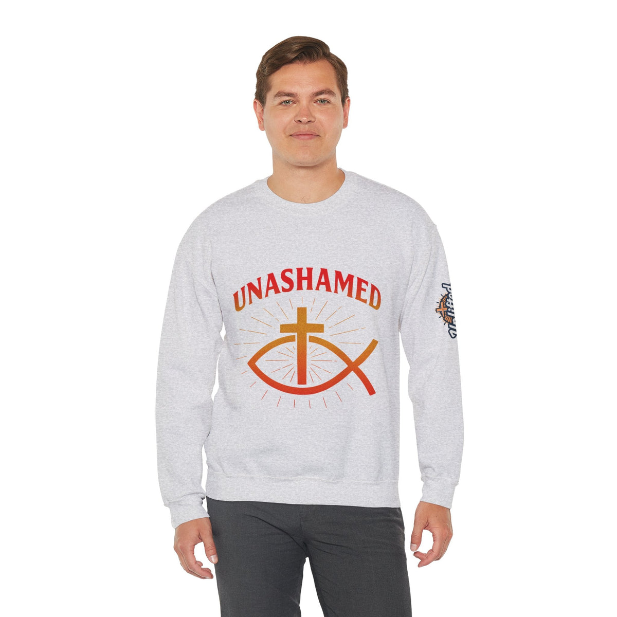 Unashamed Sweatshirt – Ichthys Jesus Fish & Cross Christian Sweatshirt for Romans 1:16 Bold Faith Printify