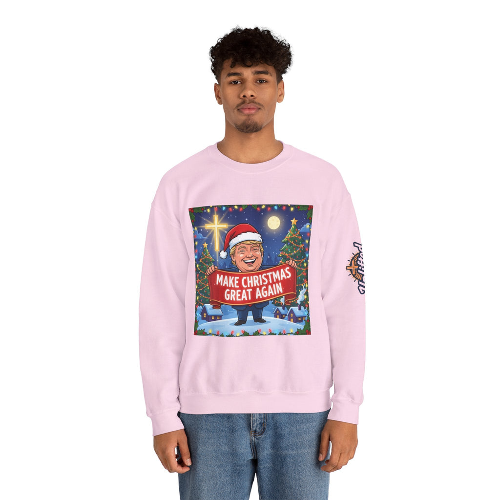 🎄 Make Christmas Great Again – Patriotic Christian Christmas Sweatshirt | Bold Holiday Faith Tee | Red & White Banner Design | Uplifted Gear Printify