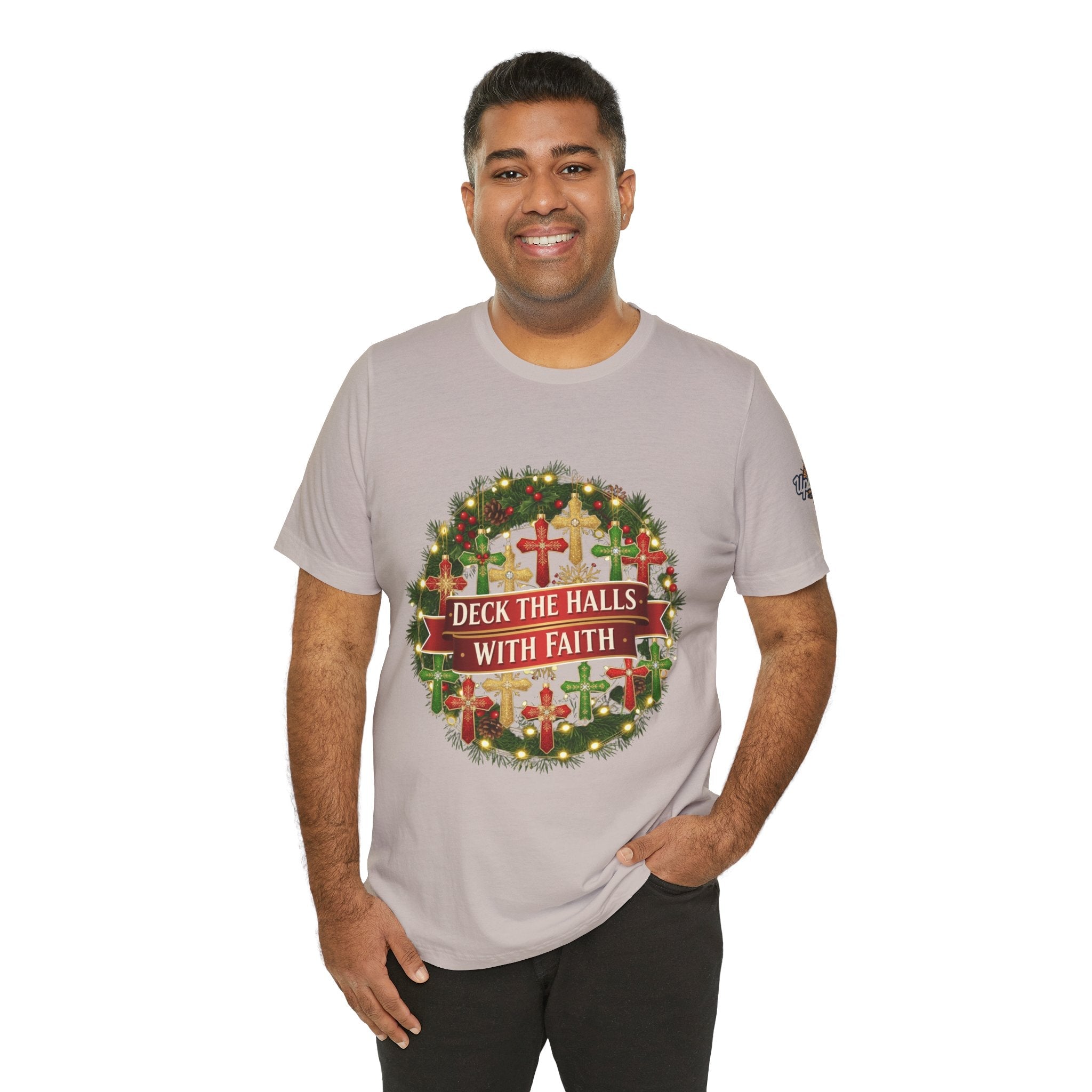 🎄 Deck the Halls with Faith – Christian Christmas T-Shirt | Cross Ornament Design & Festive Garland | Bold Holiday Faith Tee by Uplifted Gear Printify
