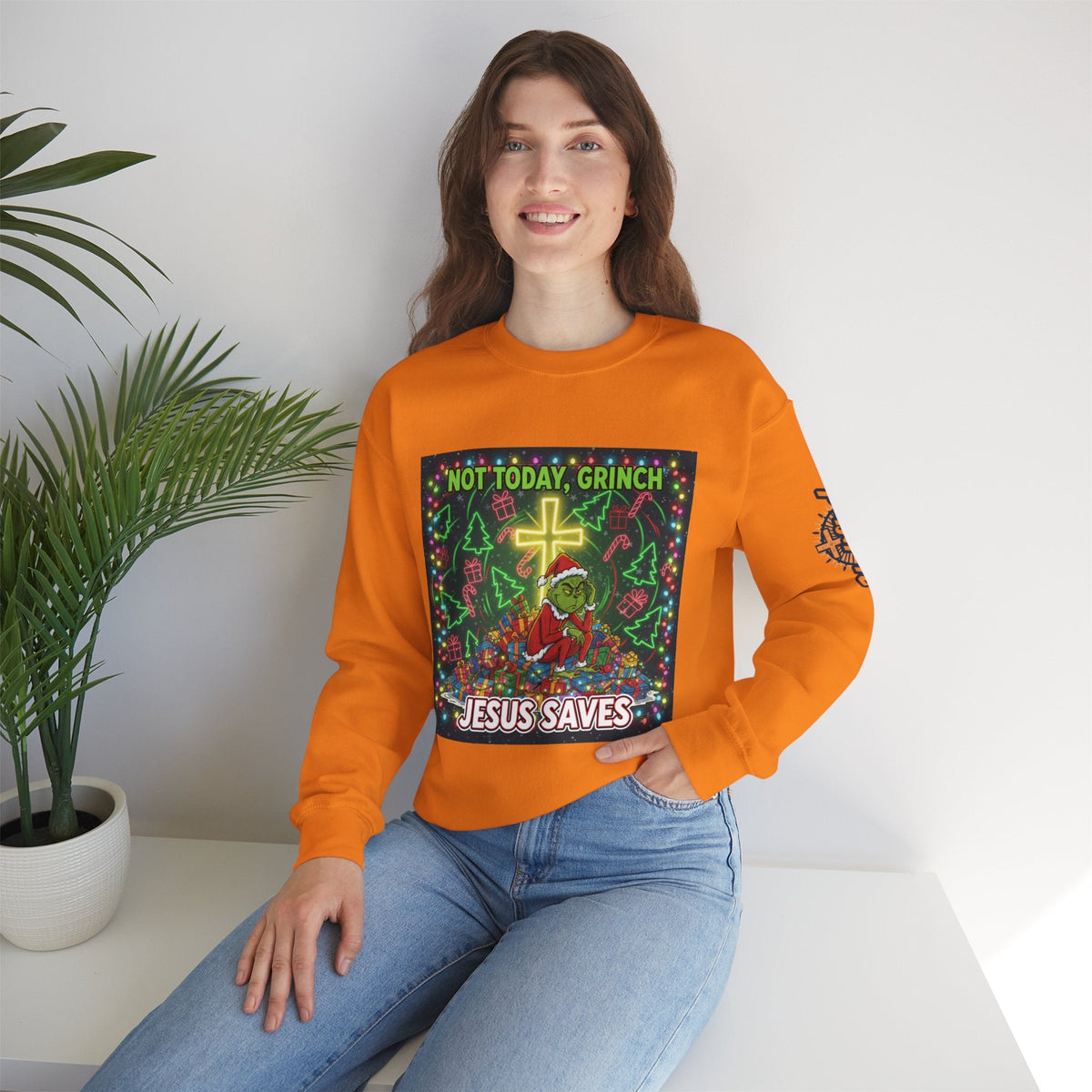 🎄 Not Today, Grinch – Jesus Saves | Funny Christian Christmas Sweatshirt | Festive Green & Red Cartoon Style | Bold Faith Holiday Tee by Uplifted Gear Printify