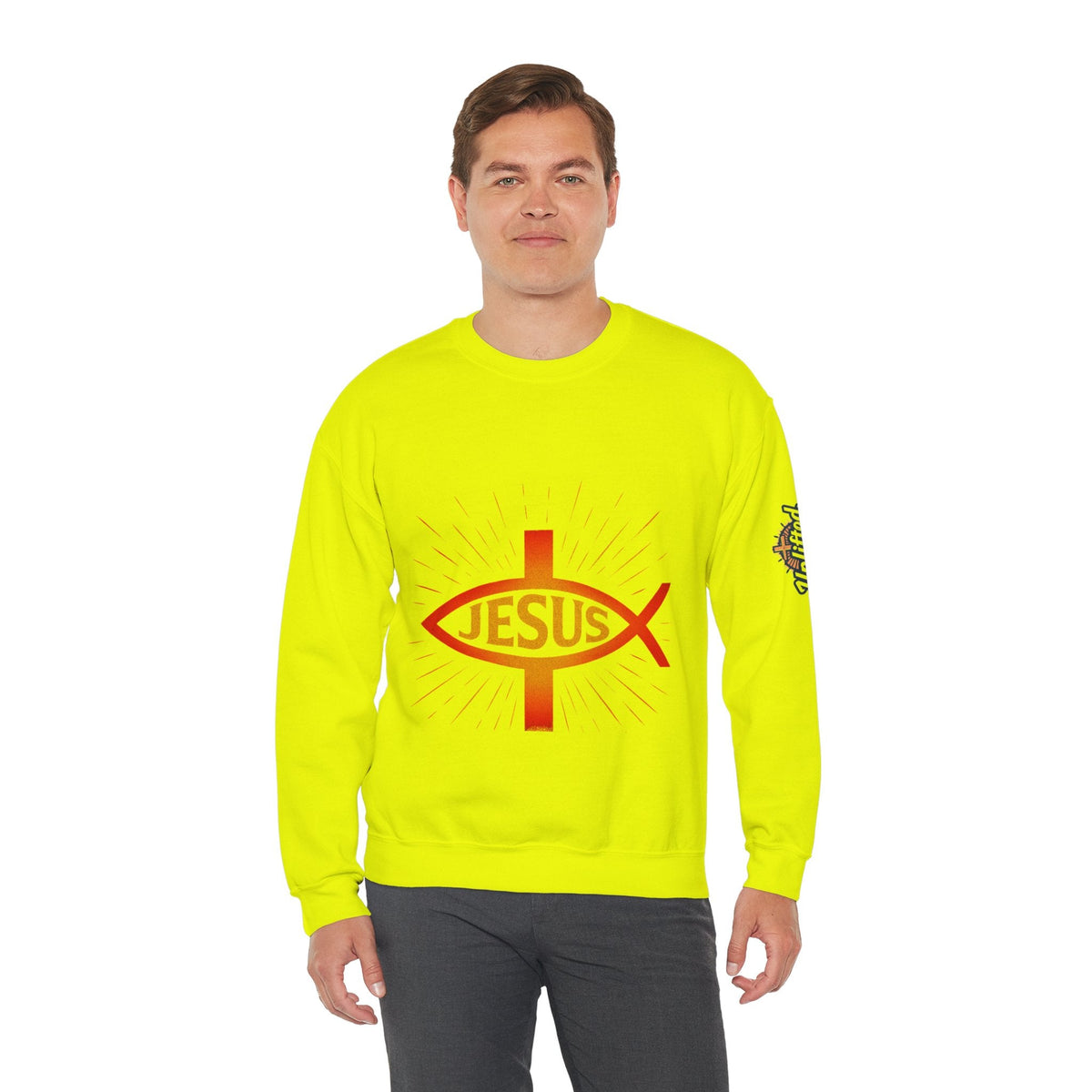 Jesus Ichthys Sweatshirt – Christian Fish Symbol with Cross & Jesus Inscription Sweatshirt for Eternal Faith & Streetwear Printify