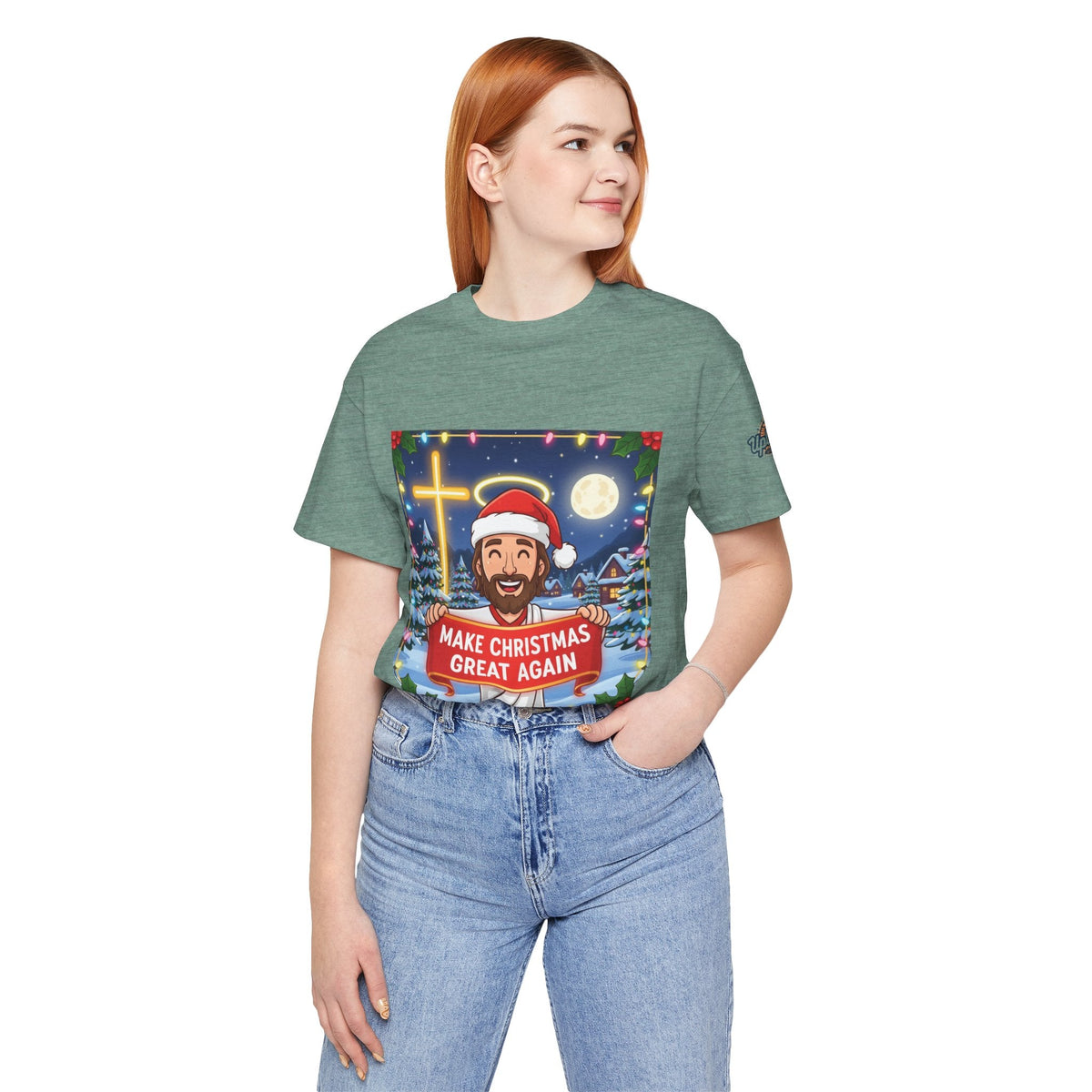 🎄 Make Christmas Great Again – Funny Christian T-Shirt | Jesus Holding Banner | Faith-Based Holiday Parody Tee | Uplifted Gear Printify
