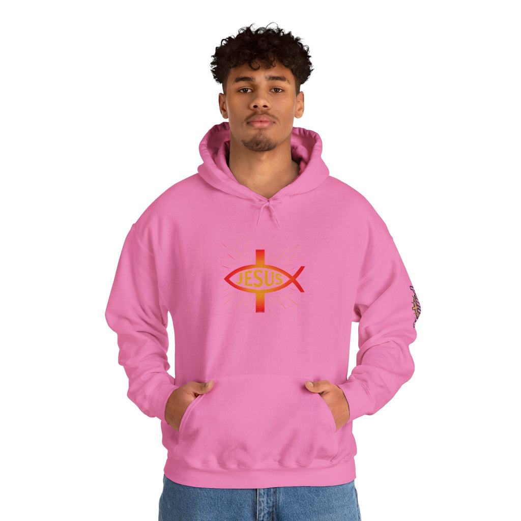 Jesus Ichthys Hoodie – Christian Fish Symbol with Cross & Jesus Inscription Sweatshirt for Eternal Faith & Streetwear Printify