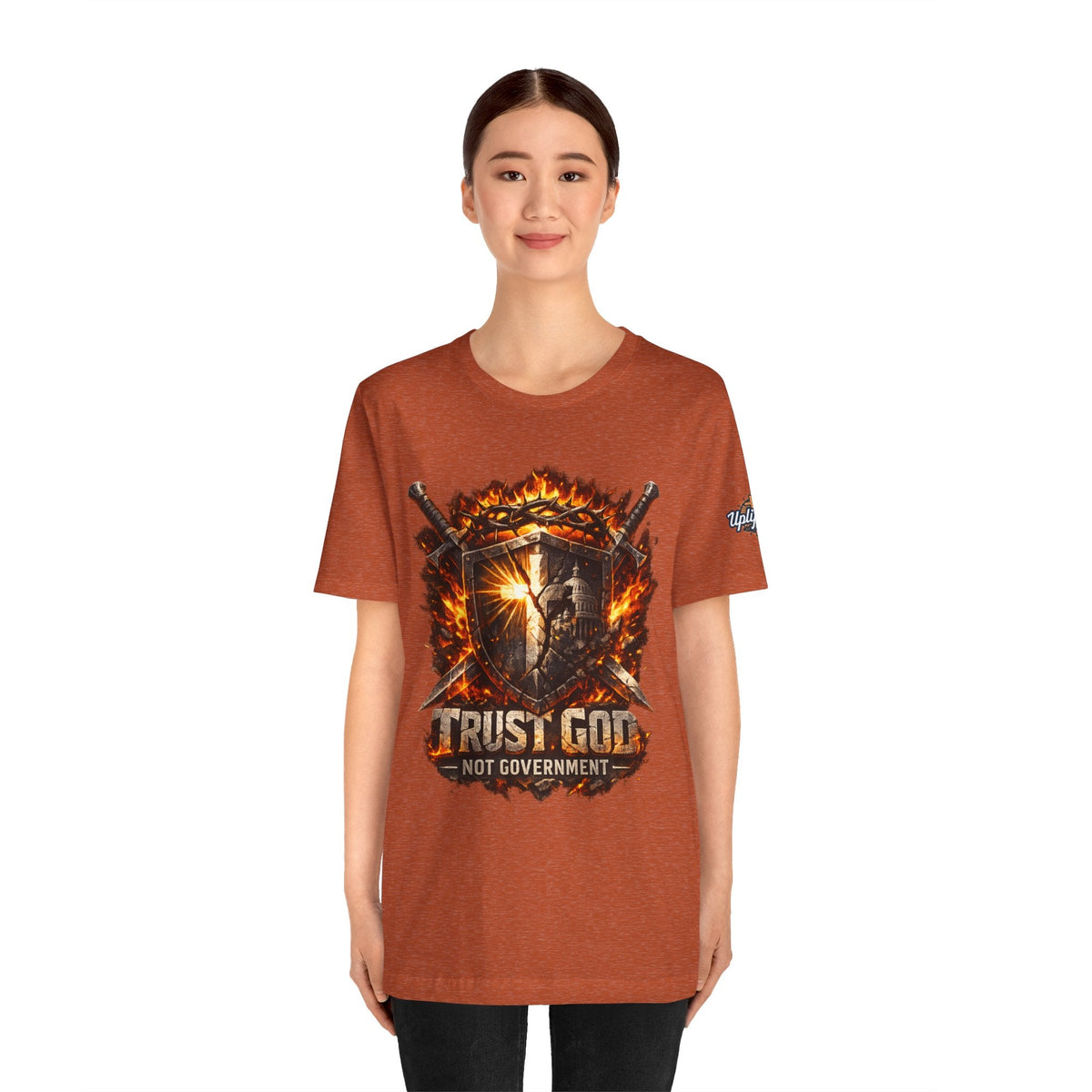 Trust God Not Government Shield Tee — Patriotic Christian Faith T-Shirt Printify