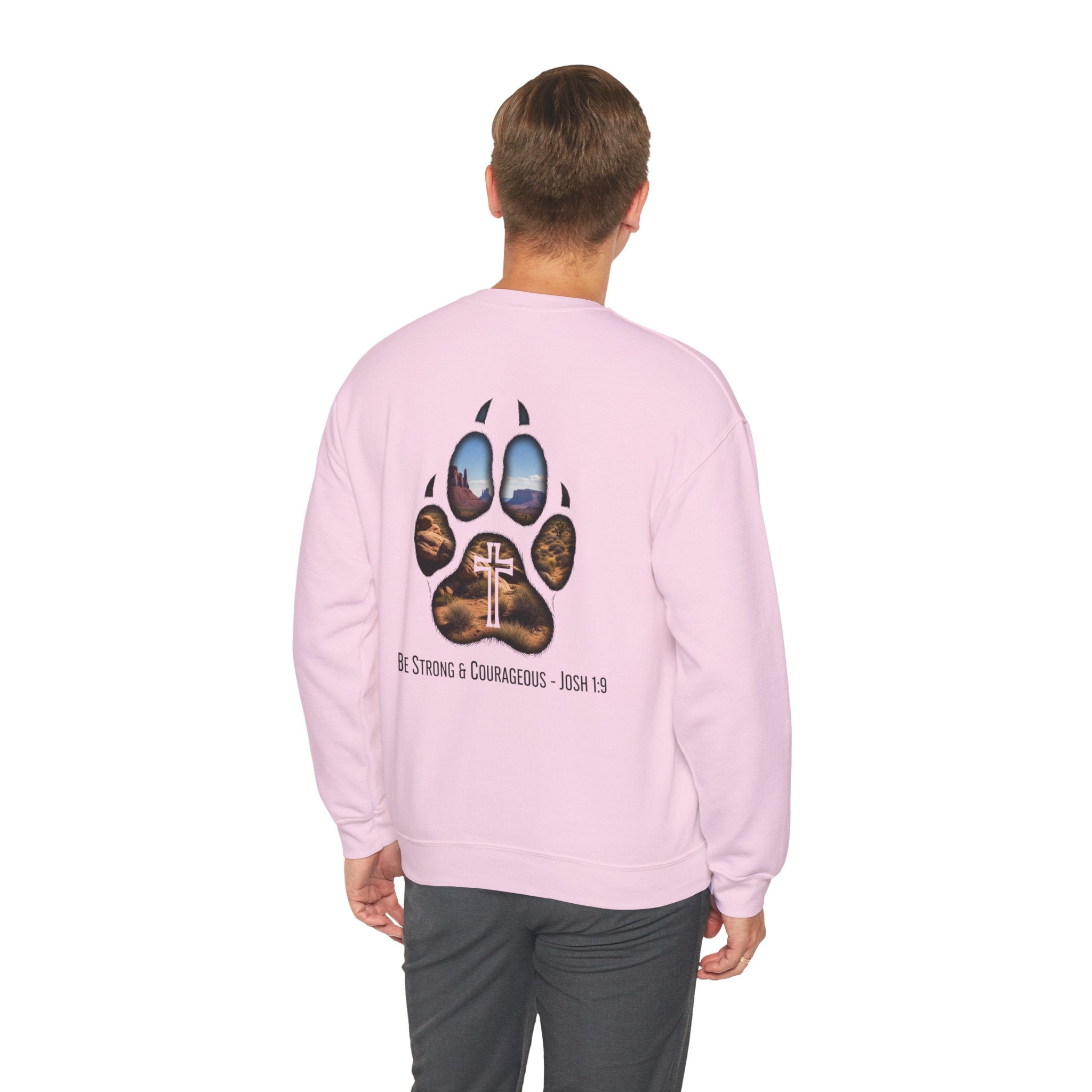 Strong and Courageous Sweatshirt – Joshua 1:9 Canine Pawprint Desert Christian Sweatshirt for Dog Lovers Printify