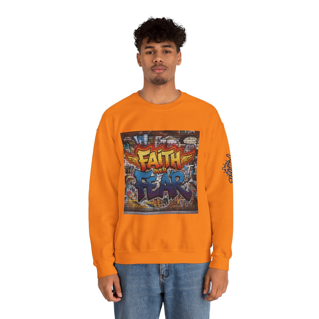 Faith Over Fear Sweatshirt – Graffiti Wall Christian Sweatshirt for Bold 2 Corinthians 5:7 Streetwear & Unshakable Faith Printify