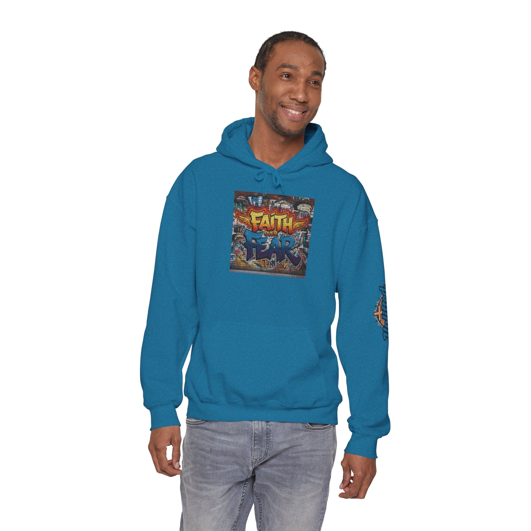 Faith Over Fear Hoodie – Graffiti Wall Christian Sweatshirt for Bold 2 Corinthians 5:7 Streetwear & Unshakable Faith Printify