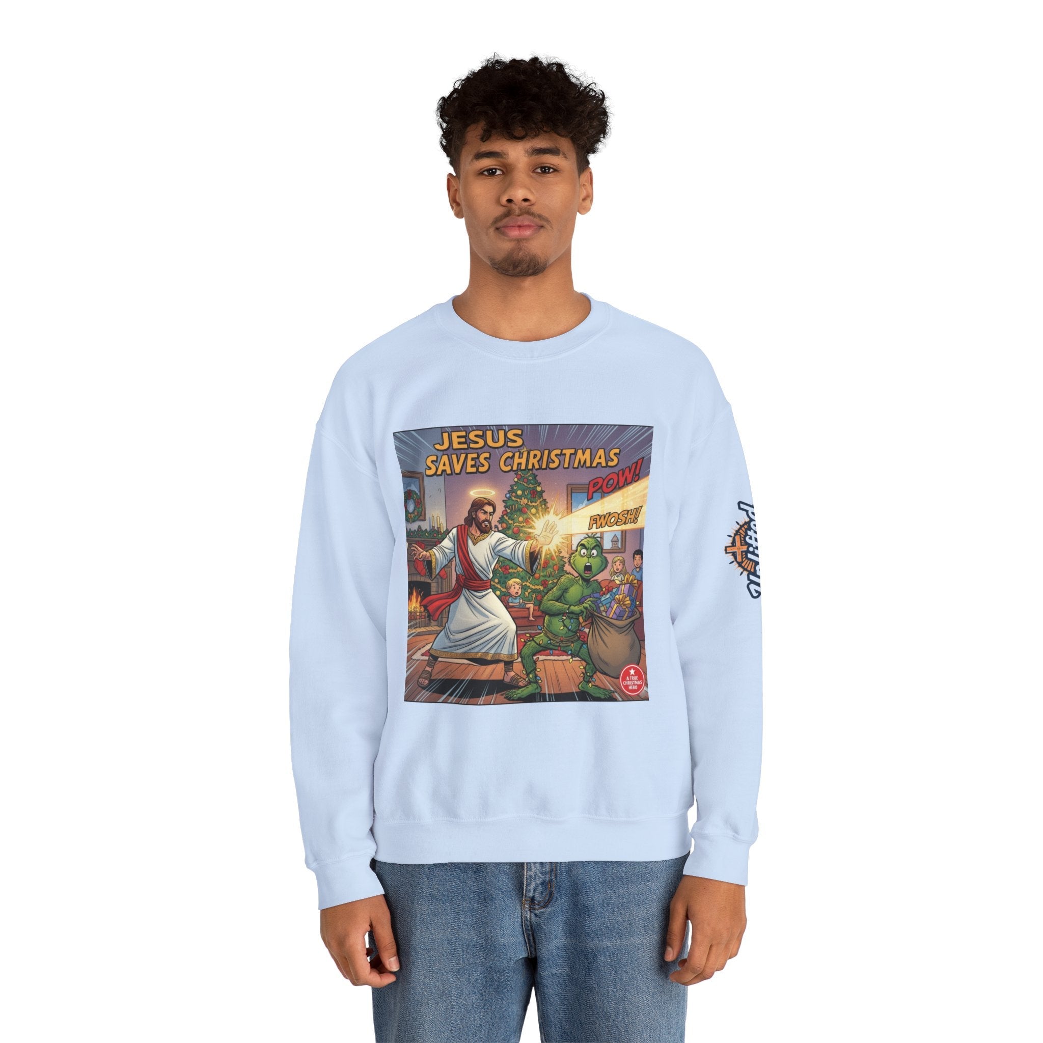 Jesus Saves Christmas Sweatshirt – Grinch vs Savior Light Battle Christian Sweatshirt for Hilarious Holiday Faith & True Joy Printify