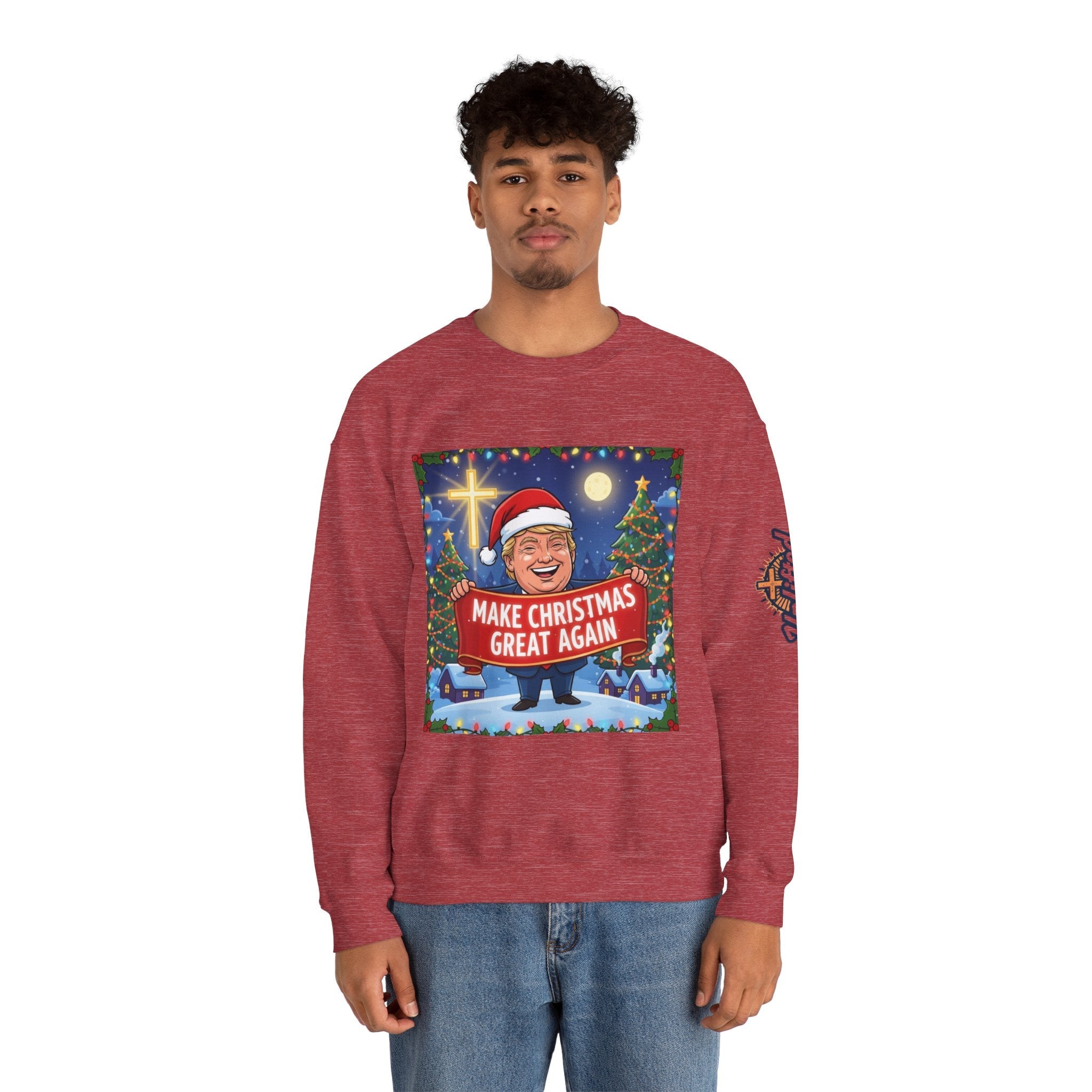 🎄 Make Christmas Great Again – Patriotic Christian Christmas Sweatshirt | Bold Holiday Faith Tee | Red & White Banner Design | Uplifted Gear Printify
