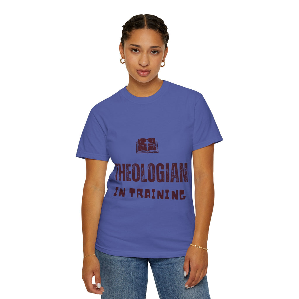 Theologian in Training T-Shirt – Open Bible & Cross Christian Tee for Faithful Learners Printify