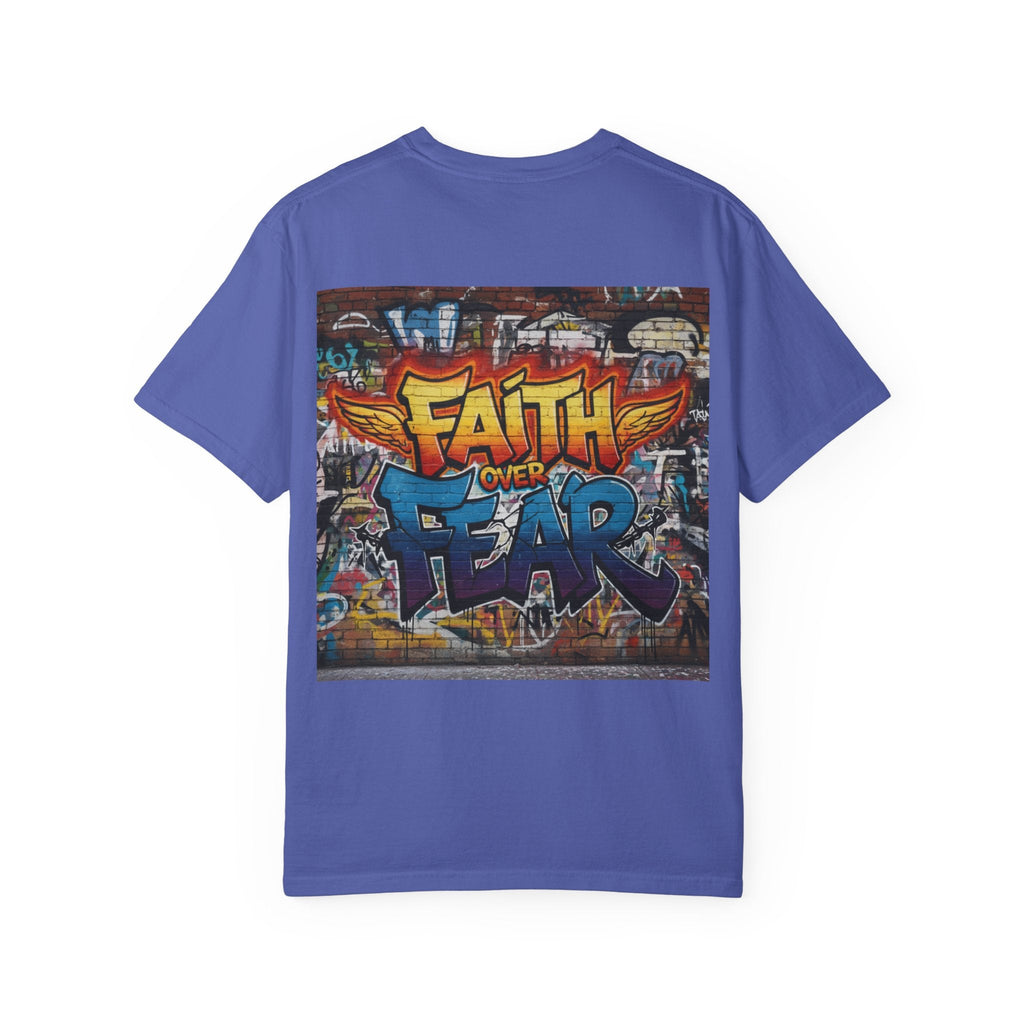 Faith Over Fear T-shirt – Graffiti Wall Christian T-shirt for Bold 2 Corinthians 5:7 Streetwear & Unshakable Faith Printify