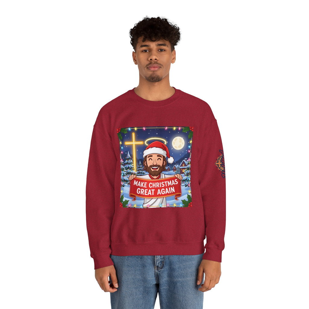 🎄 Make Christmas Great Again – Funny Christian Sweatshirt | Jesus Holding Banner | Faith-Based Holiday Parody Tee | Uplifted Gear Printify