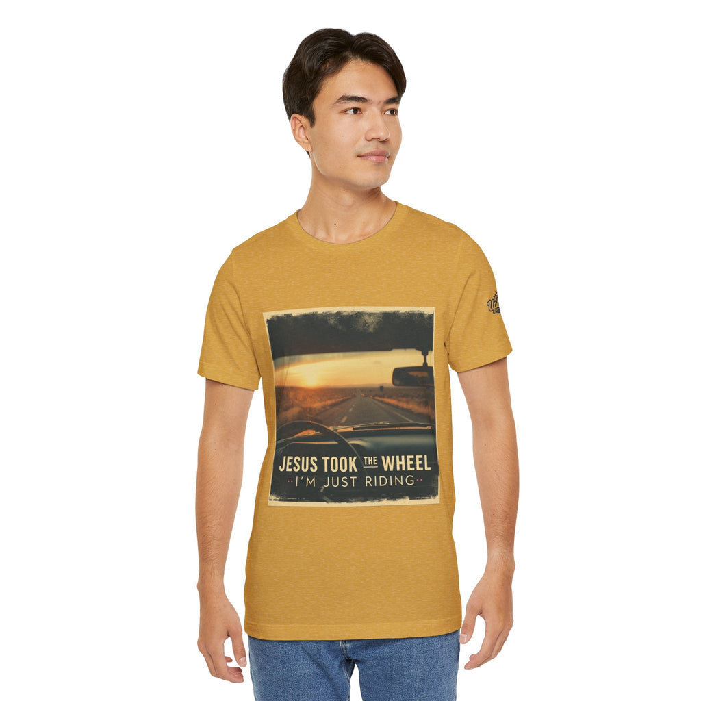 Jesus Took the Wheel I'm Just Riding T-shirt – Funny Christian Convertible Car T-shirt for Surrendered Faith & Humor Printify