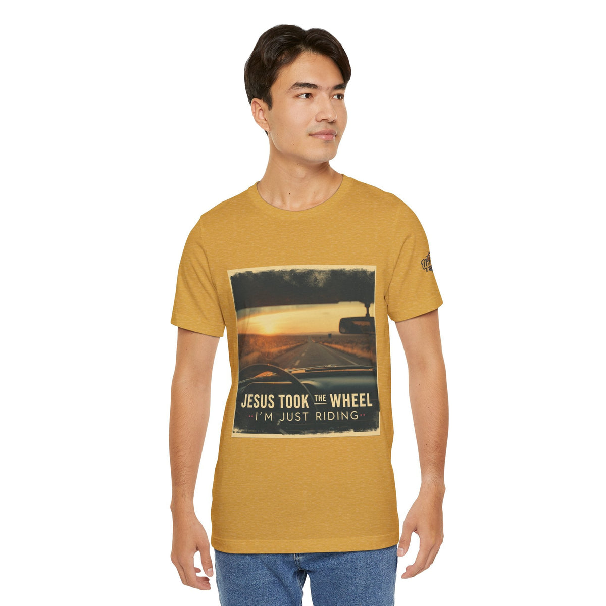 Jesus Took the Wheel I'm Just Riding T-shirt – Funny Christian Convertible Car T-shirt for Surrendered Faith & Humor Printify