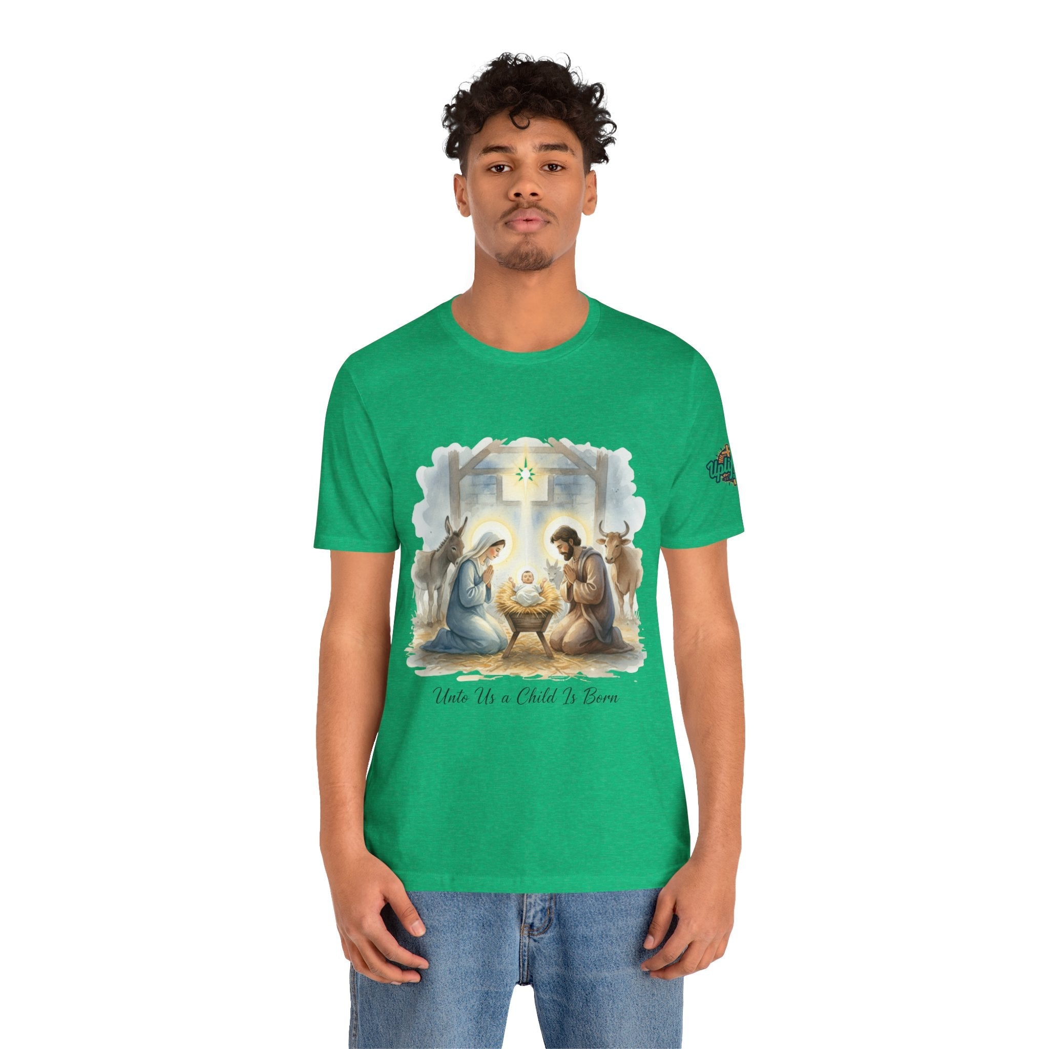 Unto Us a Child is Born T-shirt – Isaiah 9:6 Nativity Manger Scene Christian Christmas T-shirt for Holy Night Faith Printify