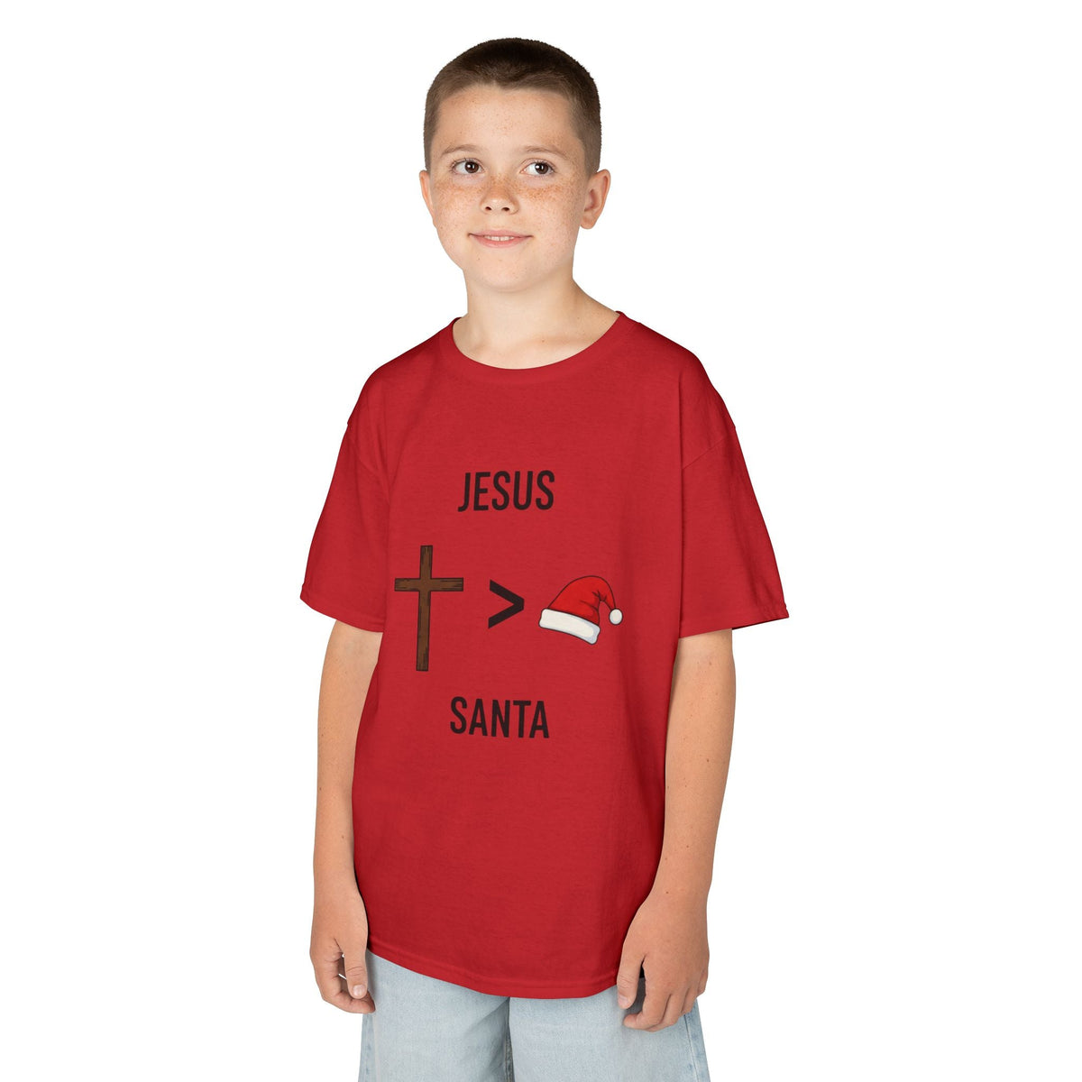 🎄 Jesus > Santa – Minimalist Christian Christmas Kids T-Shirt | Bold Faith Over Holiday Tee | Cross vs Santa Hat Design | Uplifted Gear Printify