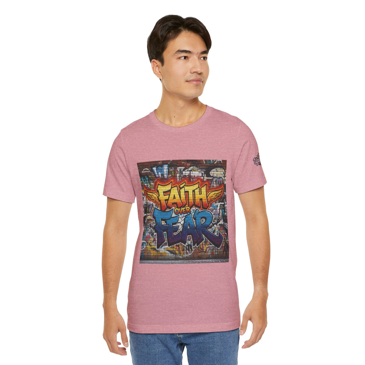 Faith Over Fear T-shirt – Graffiti Wall Christian T-shirt for Bold 2 Corinthians 5:7 Streetwear & Unshakable Faith Printify