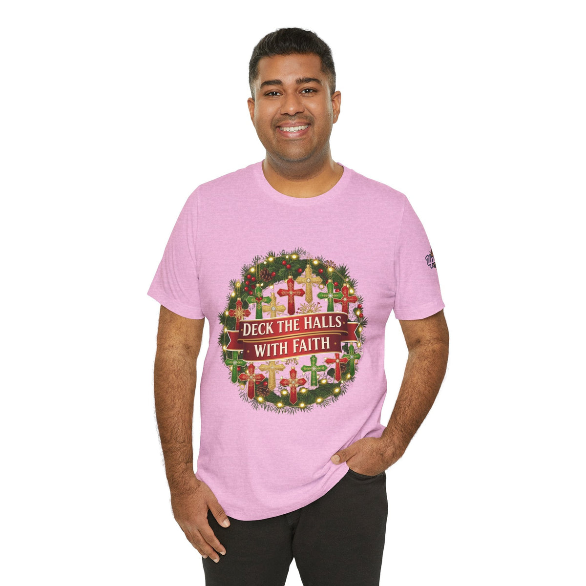 🎄 Deck the Halls with Faith – Christian Christmas T-Shirt | Cross Ornament Design & Festive Garland | Bold Holiday Faith Tee by Uplifted Gear Printify