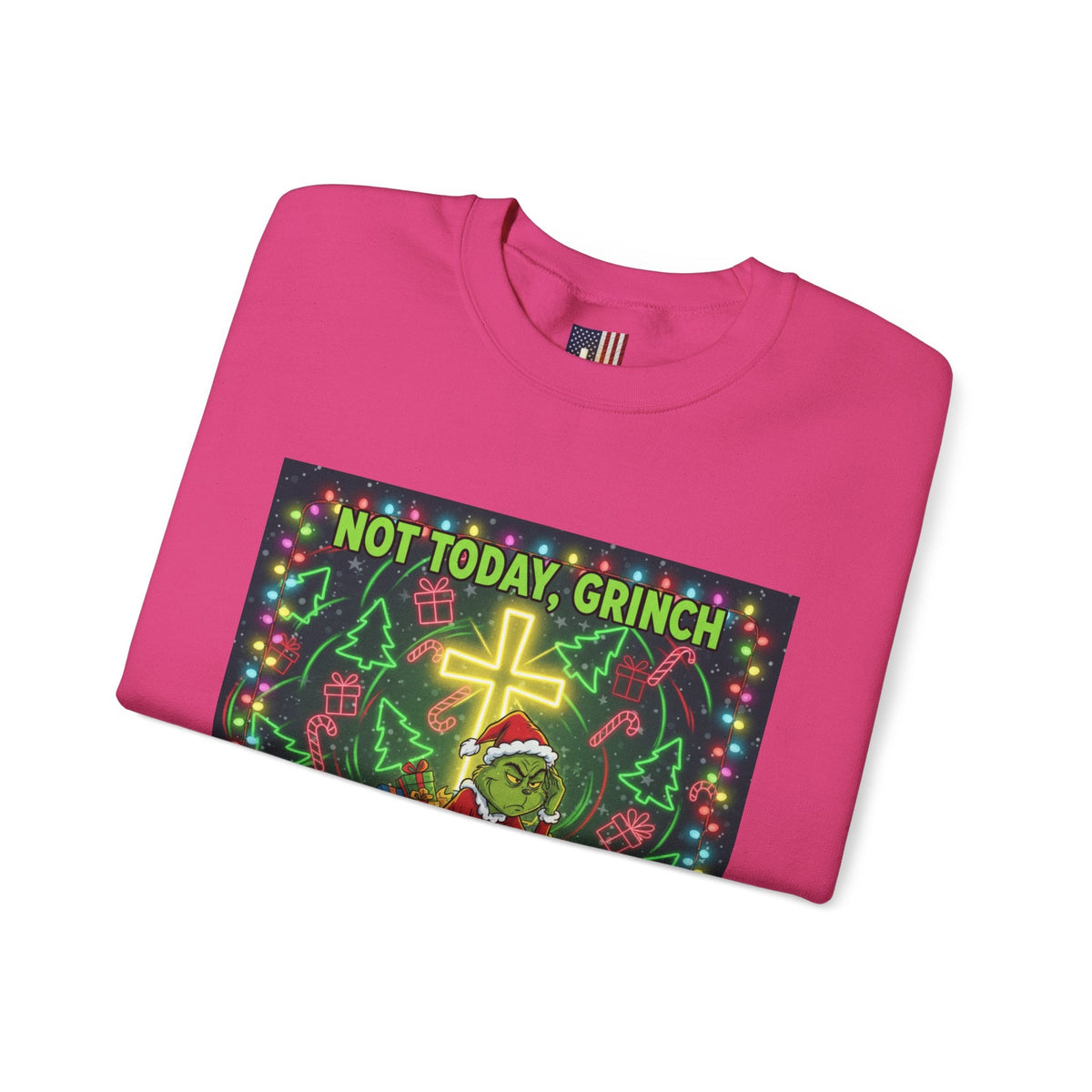 🎄 Not Today, Grinch – Jesus Saves | Funny Christian Christmas Sweatshirt | Festive Green & Red Cartoon Style | Bold Faith Holiday Tee by Uplifted Gear Printify