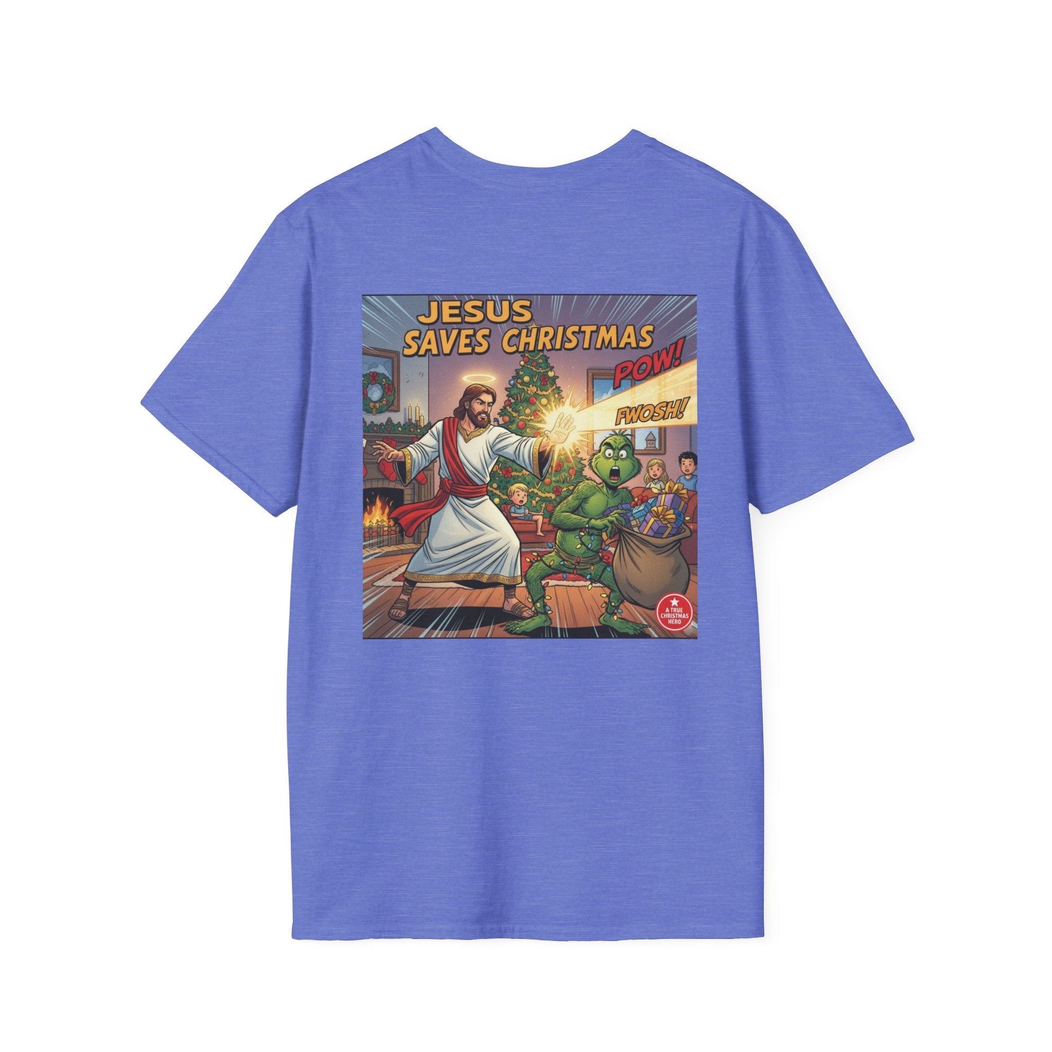 Jesus Saves Christmas T-shirt – Grinch vs Savior Light Battle Christian T-shirt for Hilarious Holiday Faith & True Joy Printify