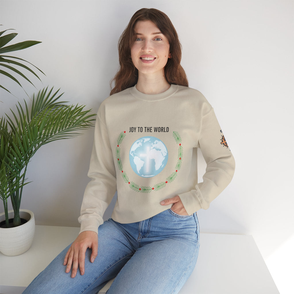 Joy to the World Sweatshirt – Wreath Earth Nativity Christian Christmas Sweatshirt for Isaiah 9:6 Holiday Faith & Festive Joy Printify