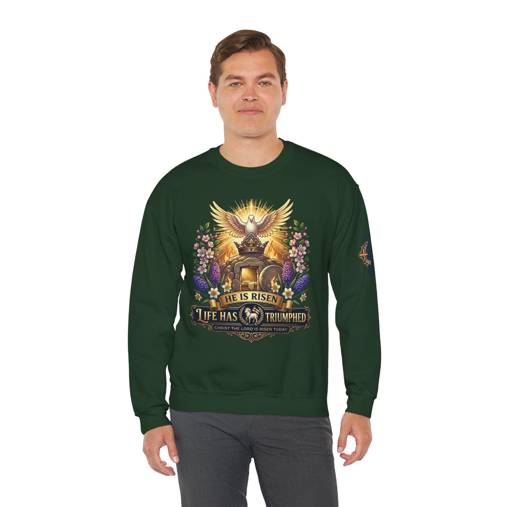 He Is Risen "Life Has Triumphed" Sweatshirt — Easter Resurrection Christian Sweatshirt Printify